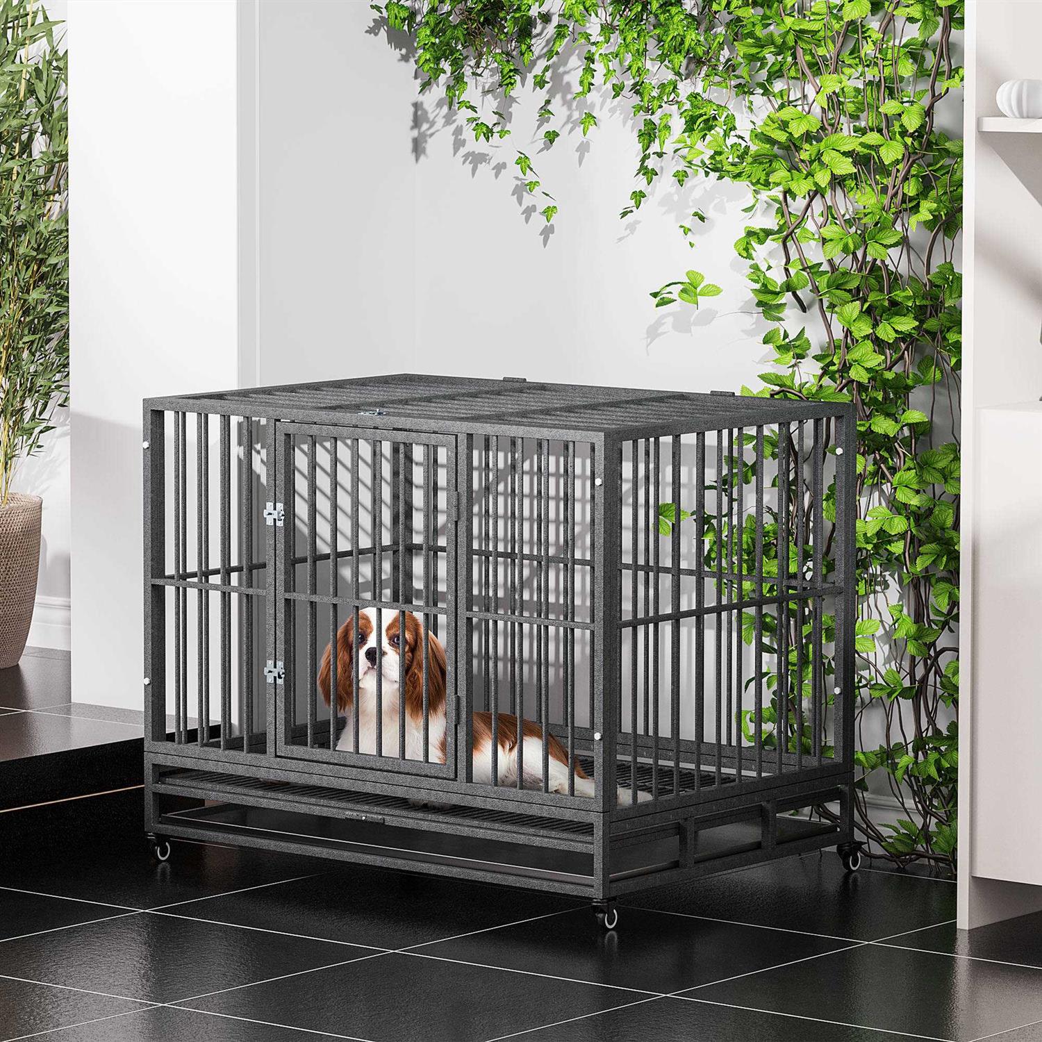 PawHut Heavy Duty Dog Crate Metal Cage Kennel with Lockable Wheels, Double Door and Removable Tray