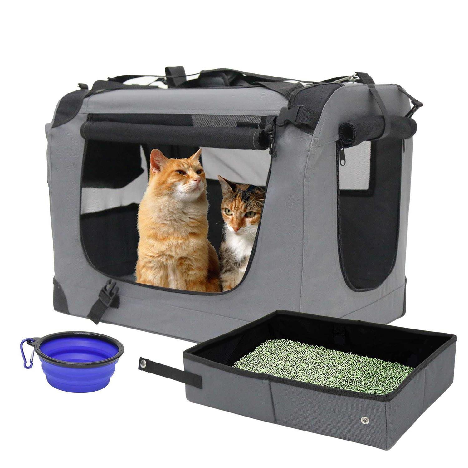 Prutapet Large Cat Carrier Soft-Sided Portable Pet Crate for Car Traveling with Collapsible Litter Box and Bowl