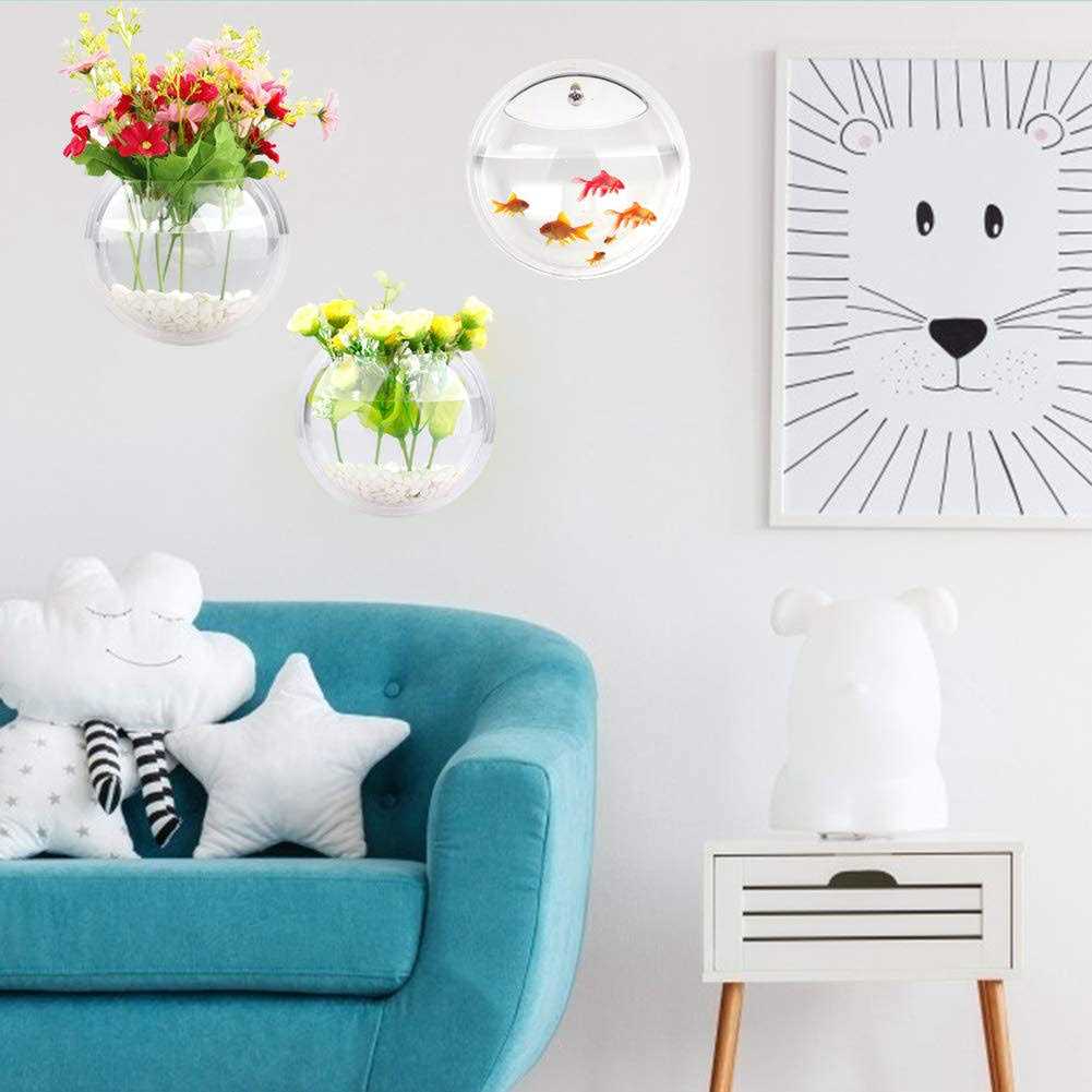 GREENWISH 2Pack 5.9” Wall Mounted Clear Acrylic Round Fish Tank Flower Pot Vase Decoration Wall Hanging Mount Fish Bowl Fish Bubble Aquarium Decorative Plant