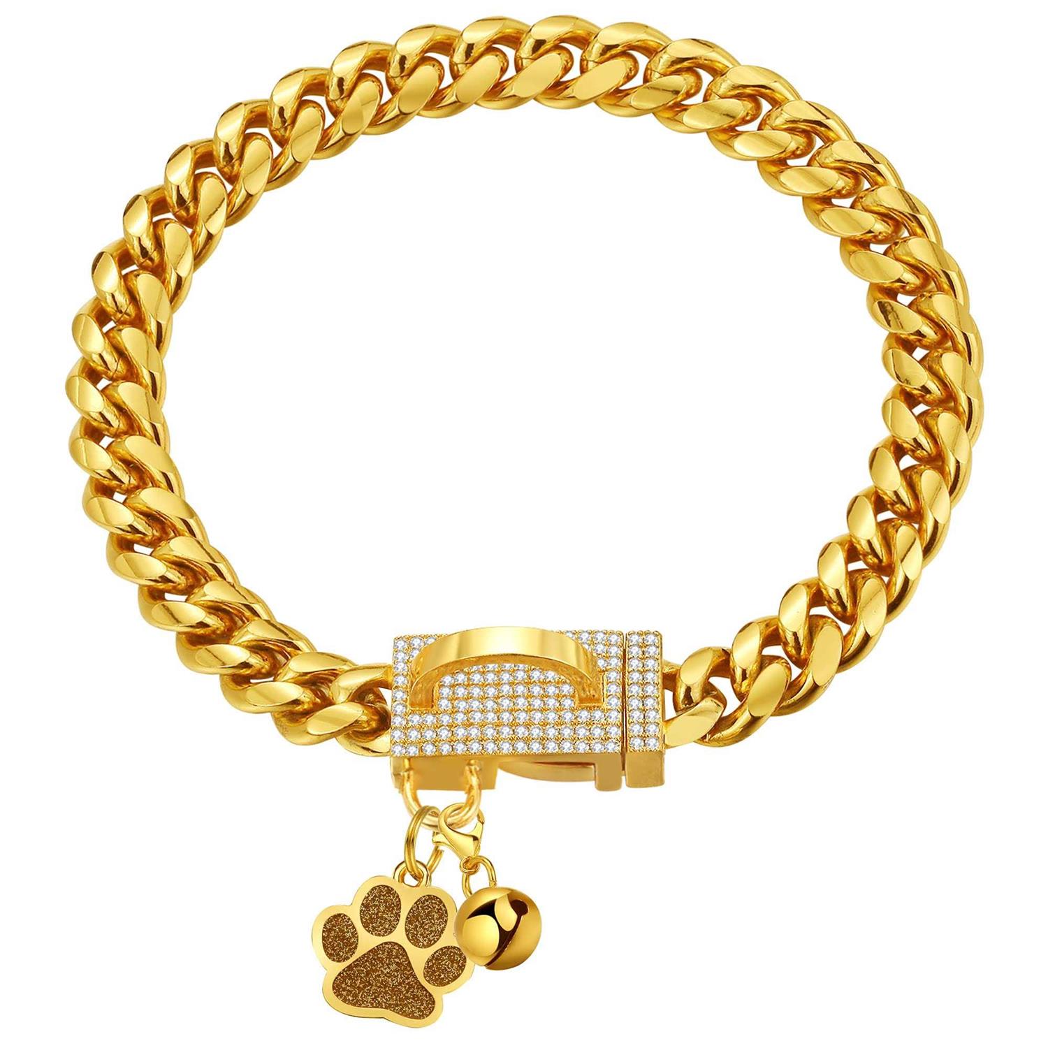 LuxLife Dog Chain Collars Gold Chain Dog Collar Cuban Link Dog Collar Snap Buckle 18K Stainless Steel Metal Dog