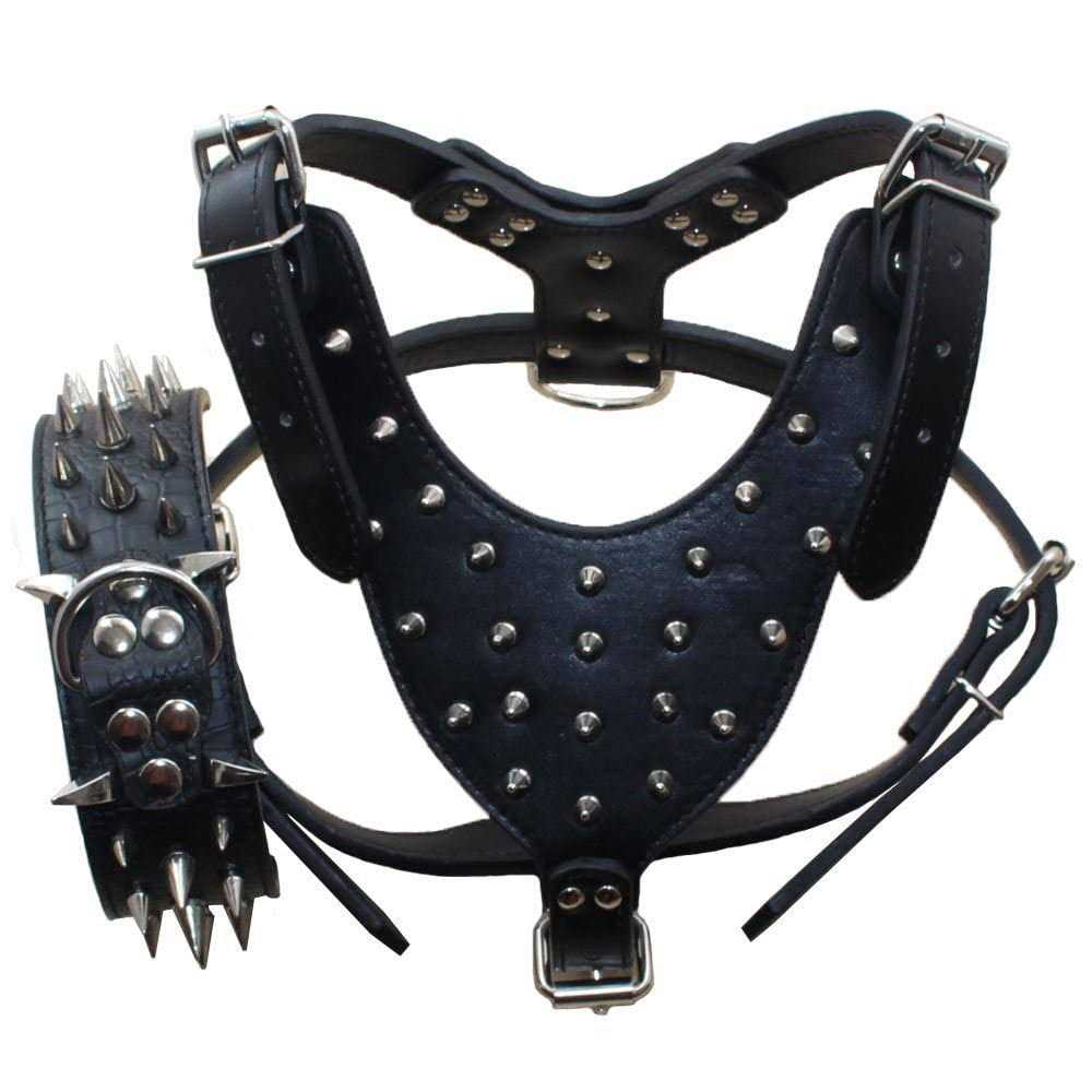 Haoyueer Leather Spiked Studded Medium & Large Dog Collars Harnesses Matching Set for Pit Bull,Mastiff