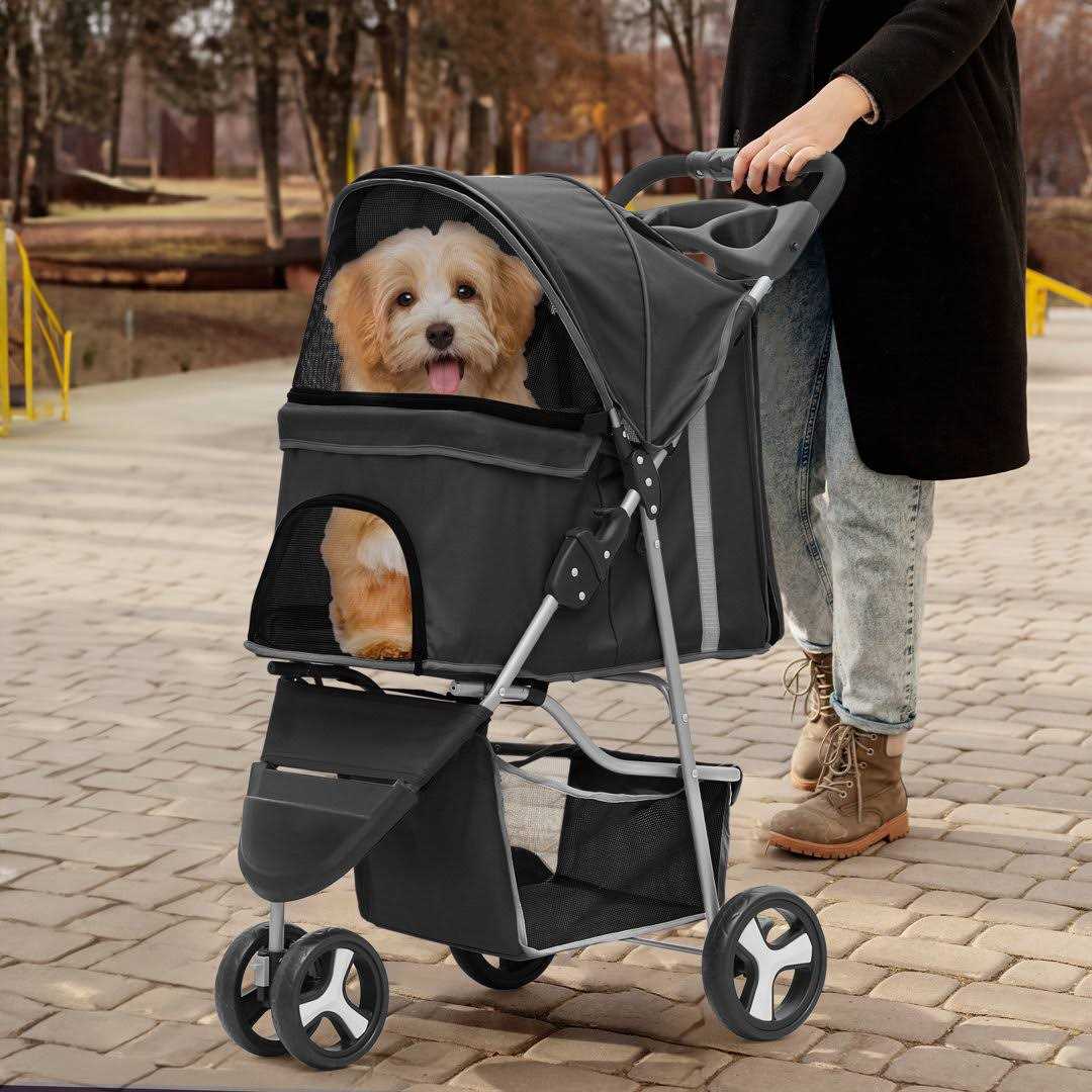 MoNiBloom Foldable Pet Stroller with Weather Cover, 3 Wheels Pet Small Dogs and Cats with Storage Basket and Cup Holder