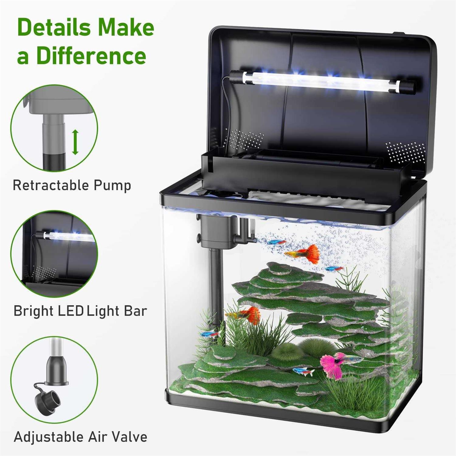 Pondon 5 Gallon Fish Tank, Glass Aquarium with Air Pump, LED Cool Lights and Filter