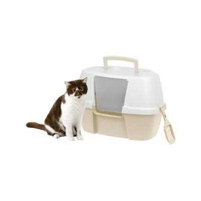 IRIS USA Hooded Corner Cat Litter Box with Front Door Flap & Scoop, Large, Almond