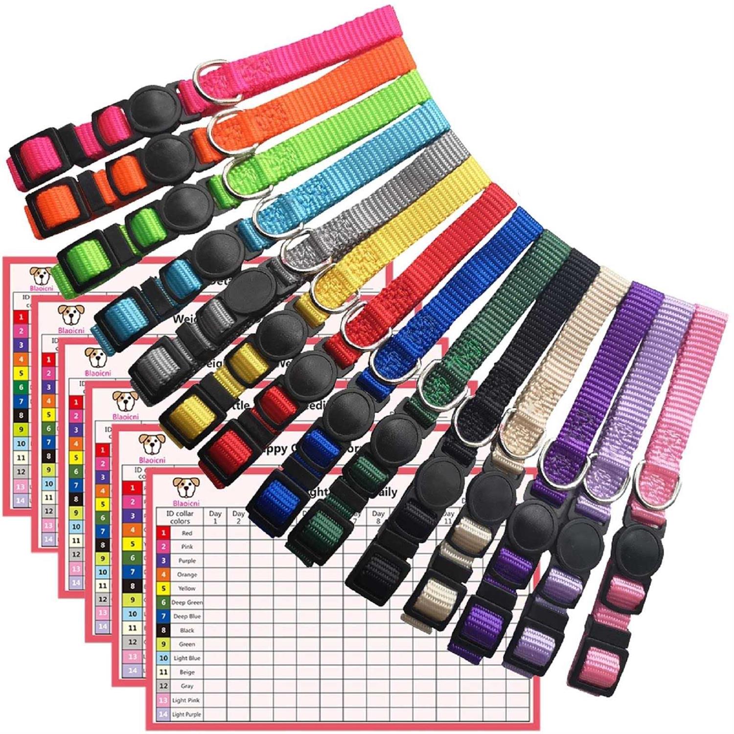 14PCS Puppy ID Collar Identification Soft Nylon Adjustable Breakaway Safety Whelping Litter Collars for Newborn Pets with Record Keeping Charts