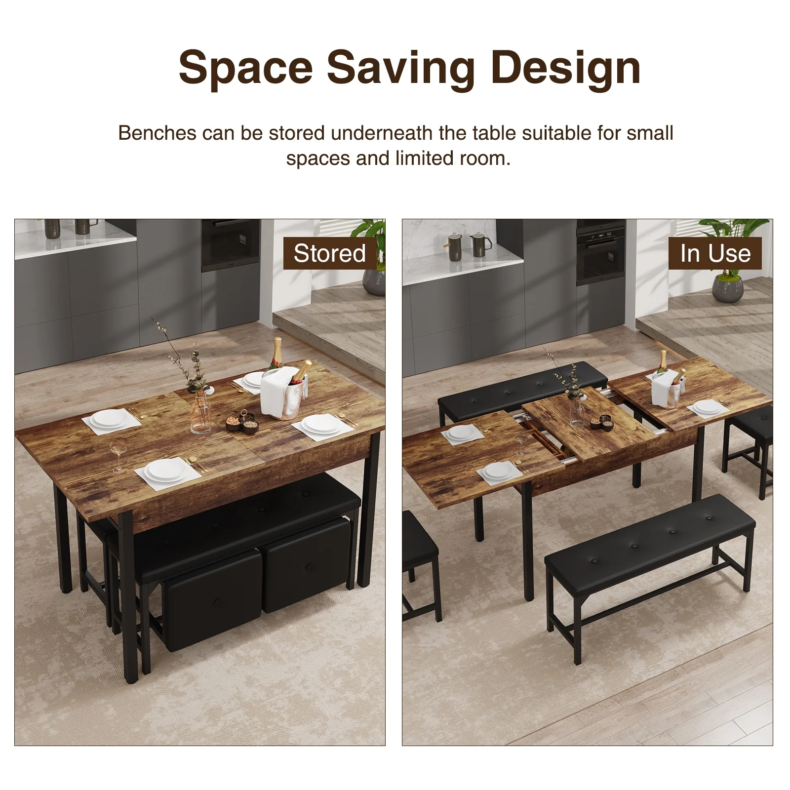 FiveWillowise 3-Piece Dining Table Set for 4-8, Kitchen Table Set with Metal Frame & Wooden Board .63