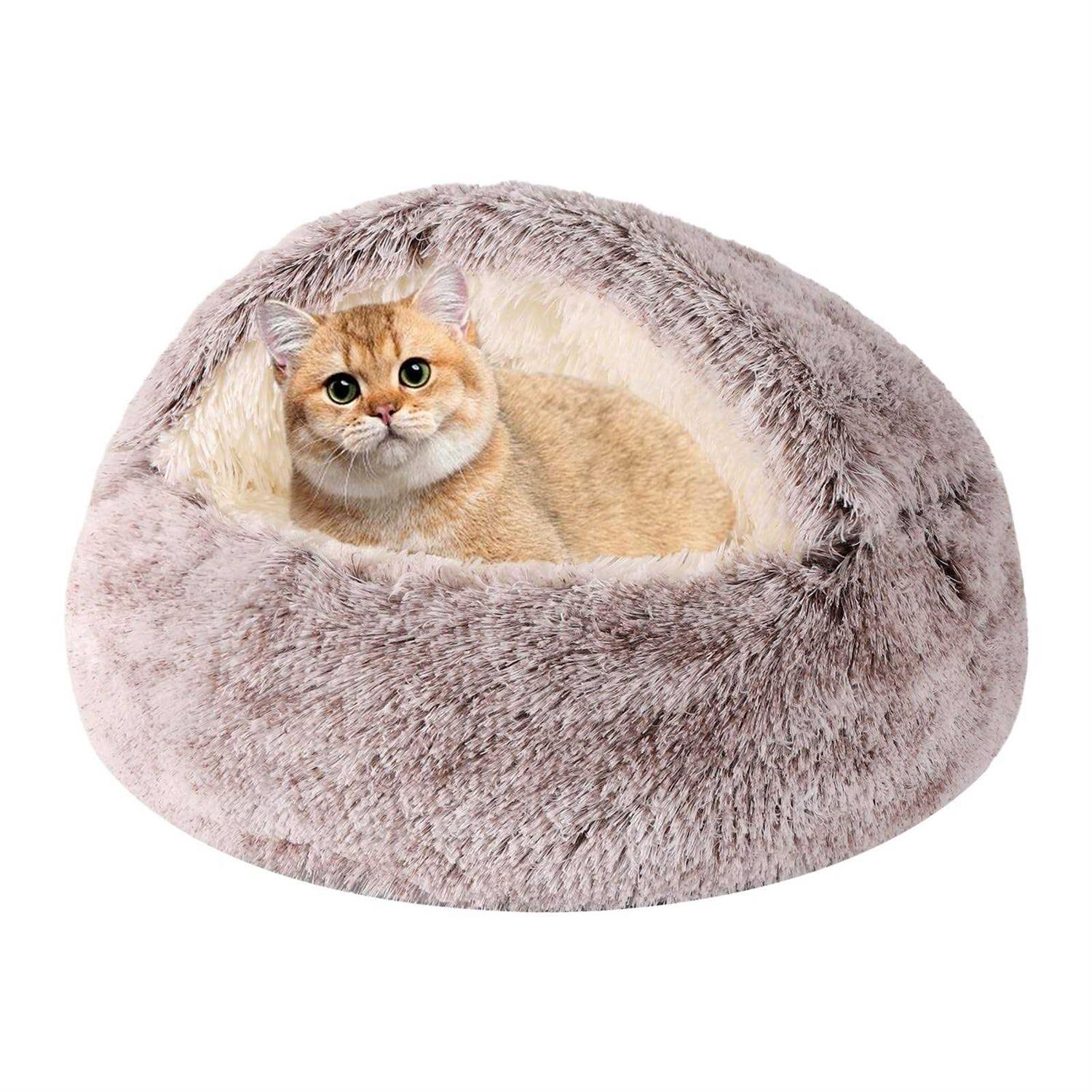 Calming Dog Beds & Cat Cave Bed with Hooded Cover,Removable Washable Round Beds for Small Medium Pets,Anti-Slip Faux Fur Fluffy Coved Bed