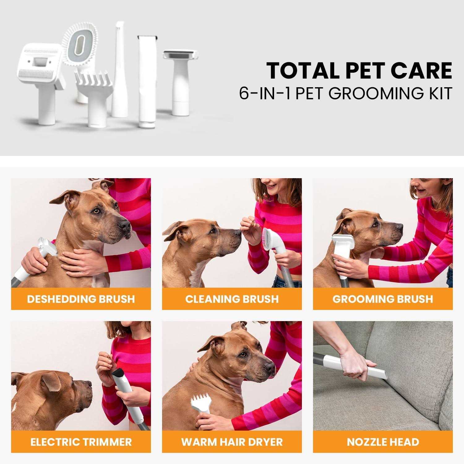 Pet Terra 3-in-1 Grooming Kit Vacuum Suction 99% Dryer & Professional Pet Grooming Clipper. 6 Grooming Tools for Shedding & Drying Pet Hair. 4L Dust