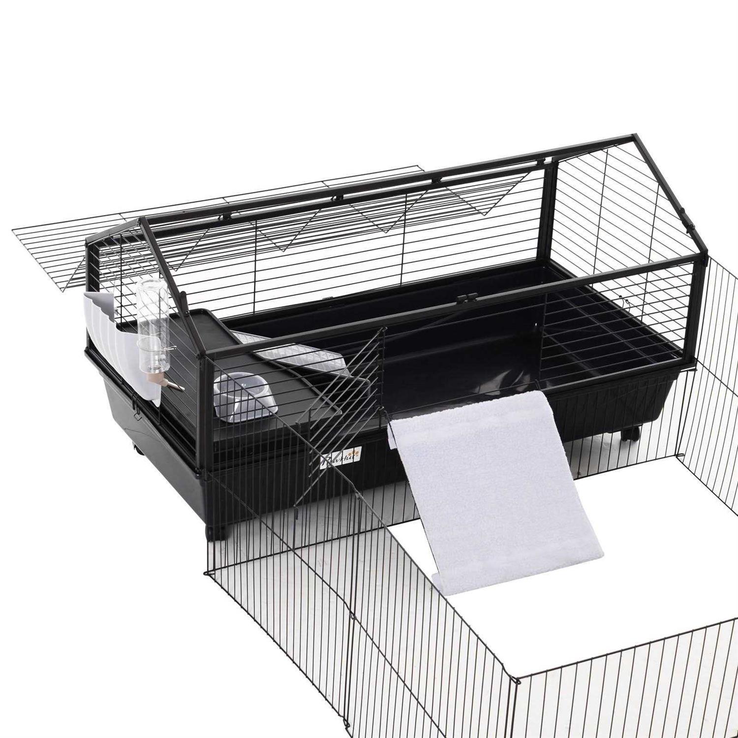 PawHut Rolling Metal Rabbit Guinea Pig or Small Animal Hutch Cage with Main House and Run