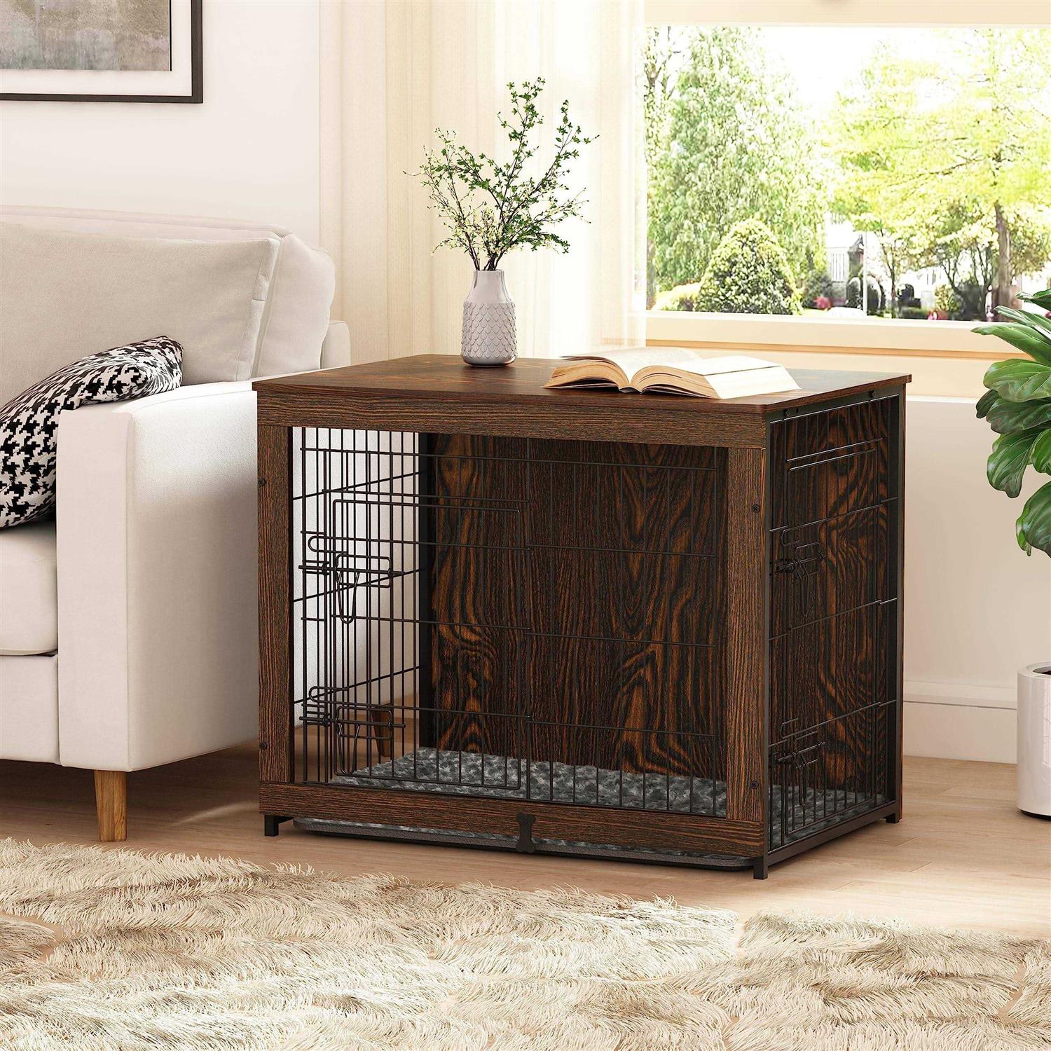 Megidok Wooden Dog Crate Furniture with Cushion Dog Crate End Table with Tray
