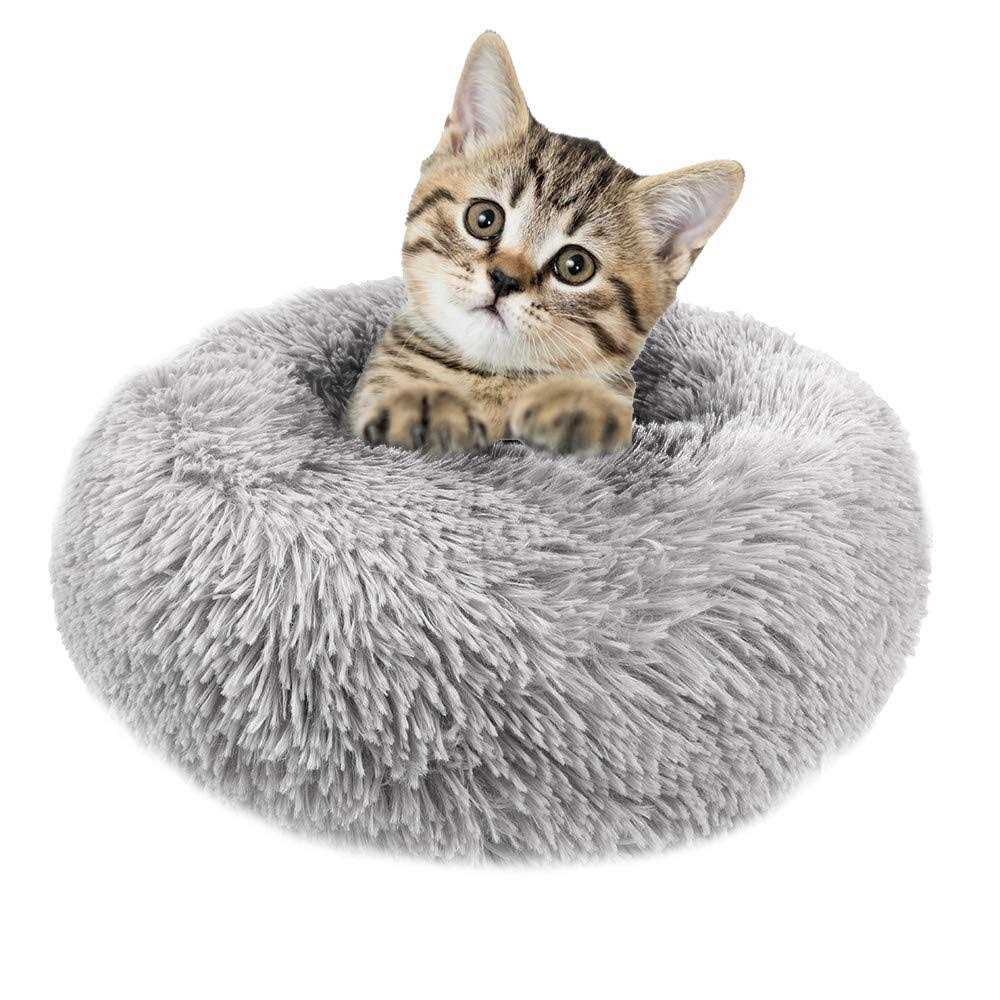 Otoez Round Plush Donut Pet Bed Warm Fur Cuddler Dog Cat Cushion Bed Calming Bed Non-Slip Bottom