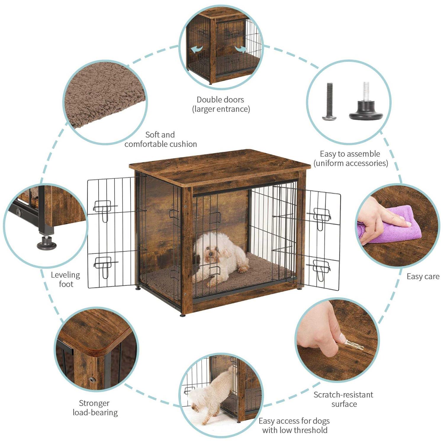 DWANTON Dog Crate Furniture with Cushion Wooden Dog Crate with Double Doors