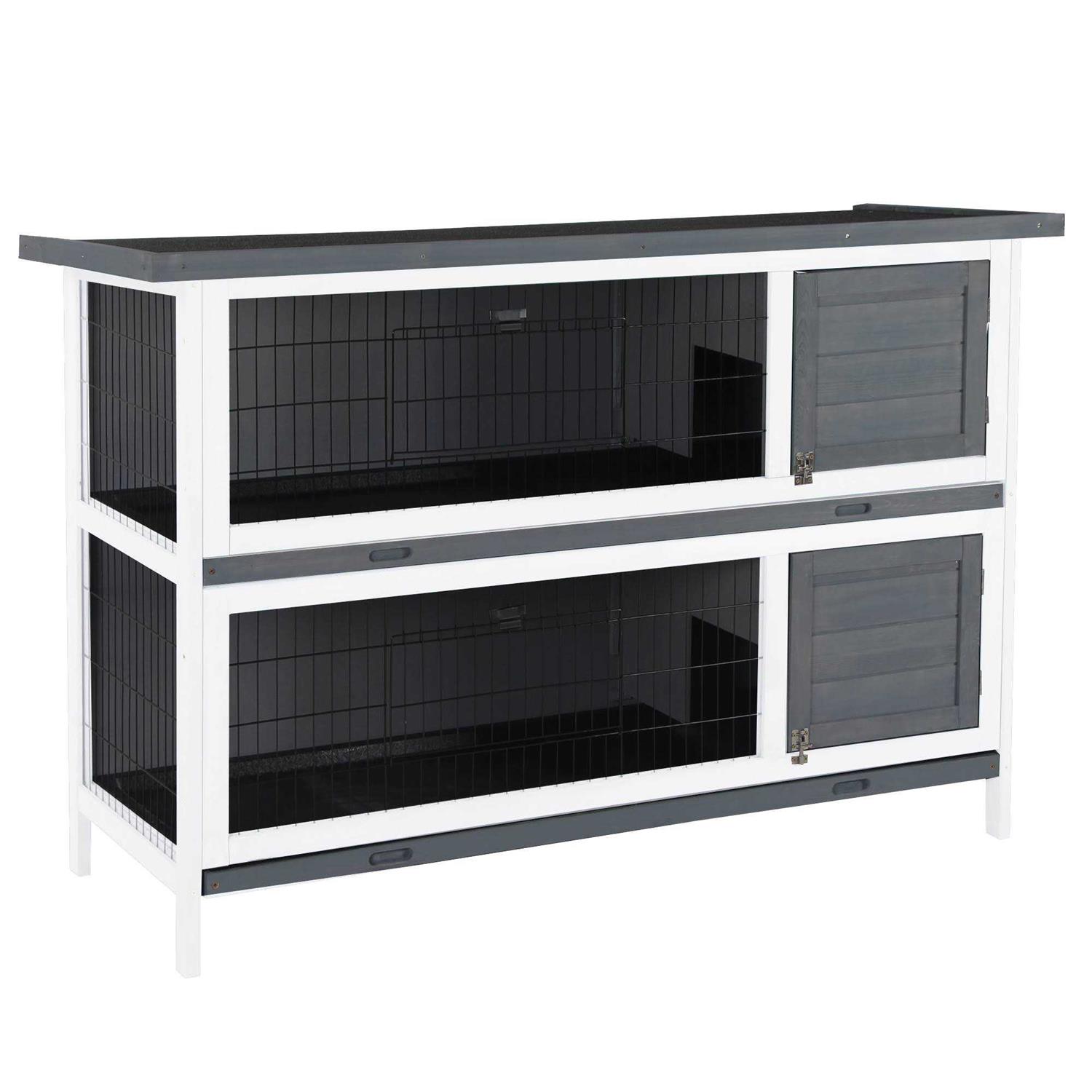 PawHut 54 2-Story Large Rabbit Hutch Bunny Cage Wooden Pet House Small Animal Habitat with Lockable Doors, No Leak Tray and Waterproof Roof