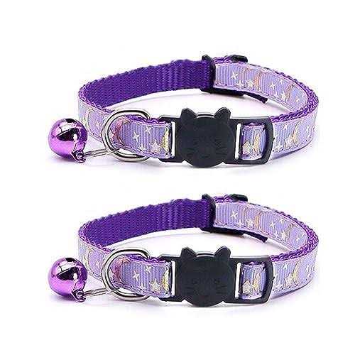 Reflective Cat Collars Bell 2-Pack Girl Boy Pet Kitten Collar with Star Moon Patetrn Adjustable 7.5-12.5 Inch