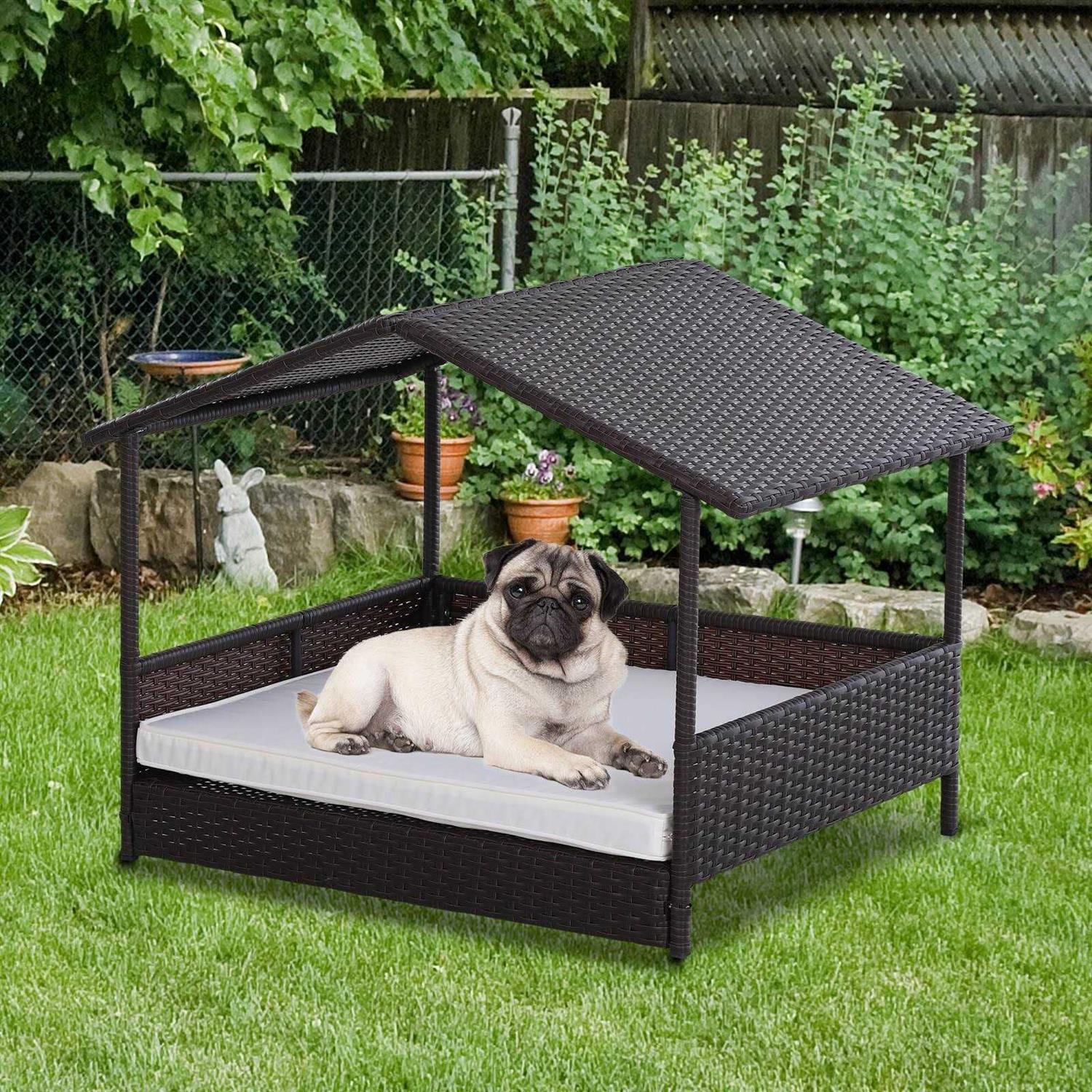 PawHut Wicker Dog House Elevated Raised Rattan Bed for Indoor/Outdoor with Removable Cushion Lounge