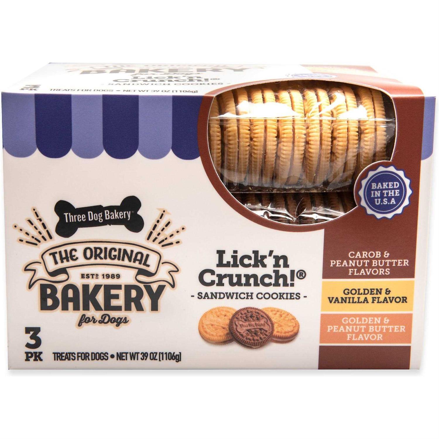 Three Dog Bakery Lick’n Crunch Sandwich Cookies Premium Dog Treats with No Artificial Flavors