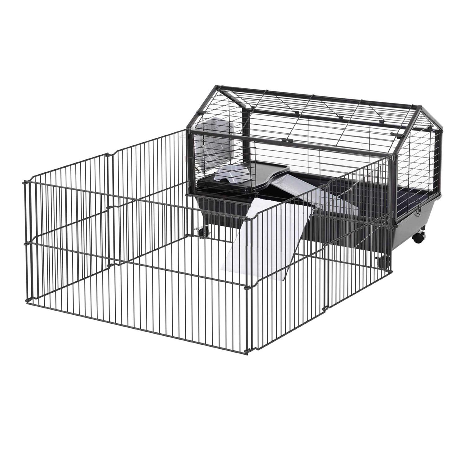 PawHut Rolling Metal Rabbit Guinea Pig or Small Animal Hutch Cage with Main House and Run