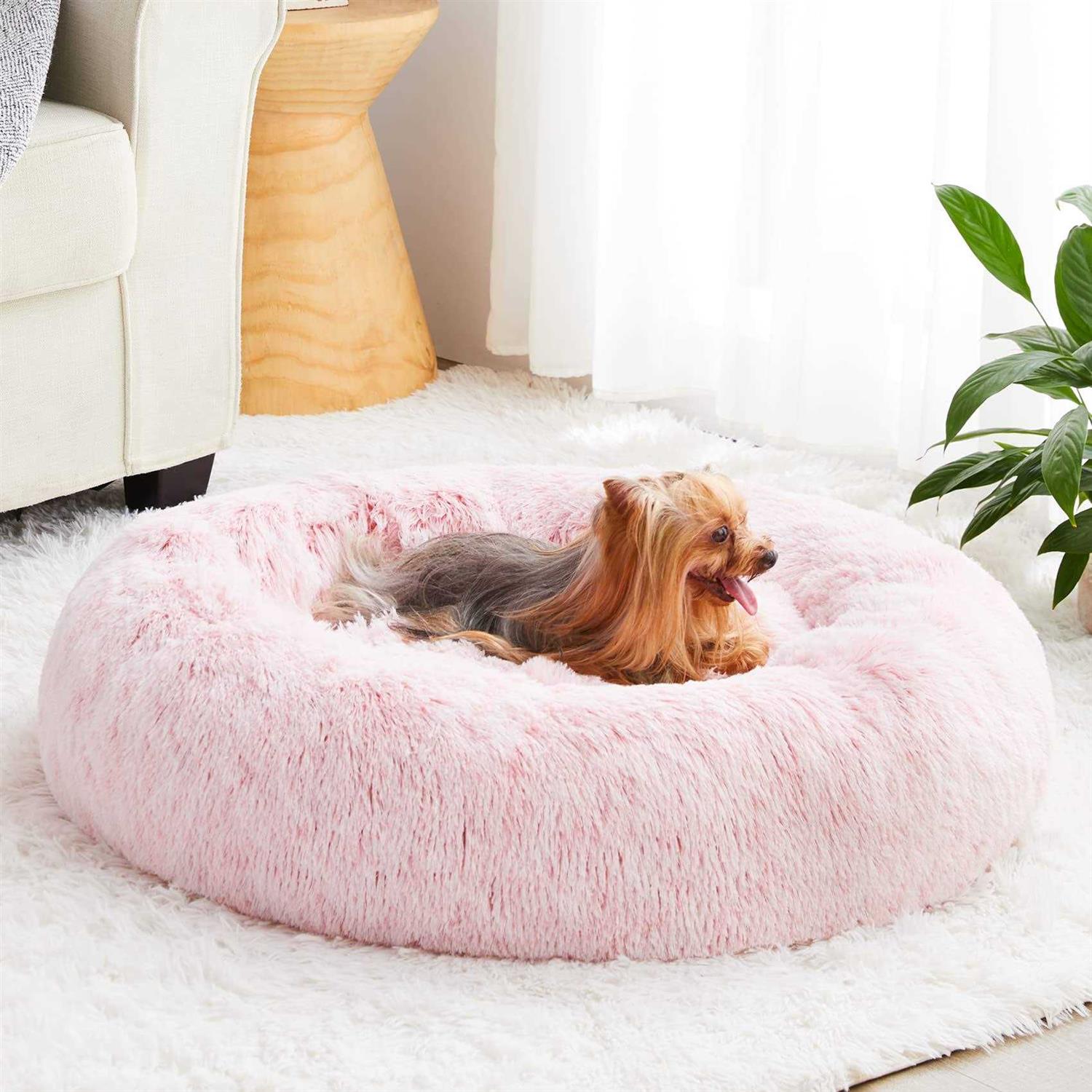 WNPETHOME Calming Dog Bed & cat Bed,Small Dog Bed Donut Faux Fur Anti-Anxiety Dog Bed Dog Pet Bed for Small Dogs