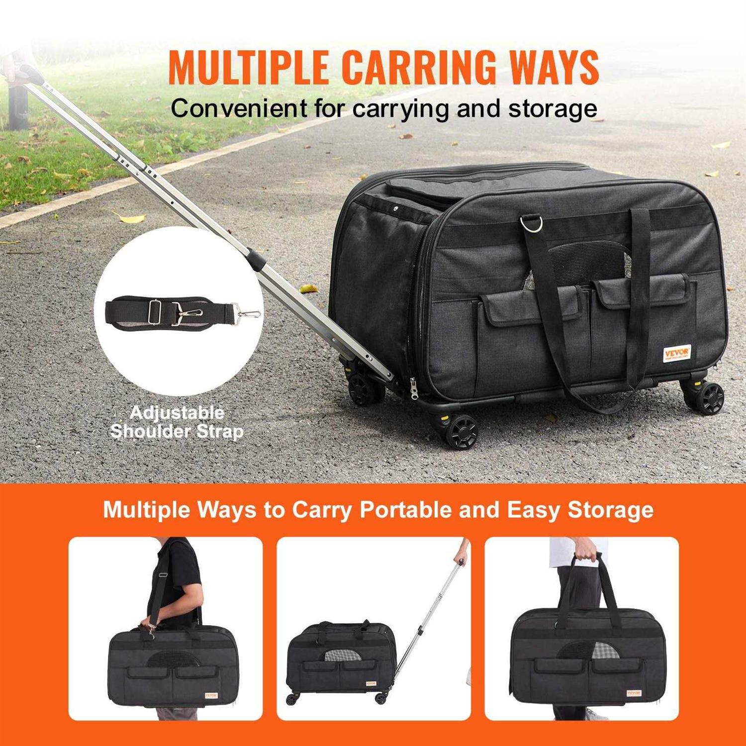 VEVOR Cat Carrier with Wheels Rolling Pet Carrier with Telescopic Handle and Shoulder Strap