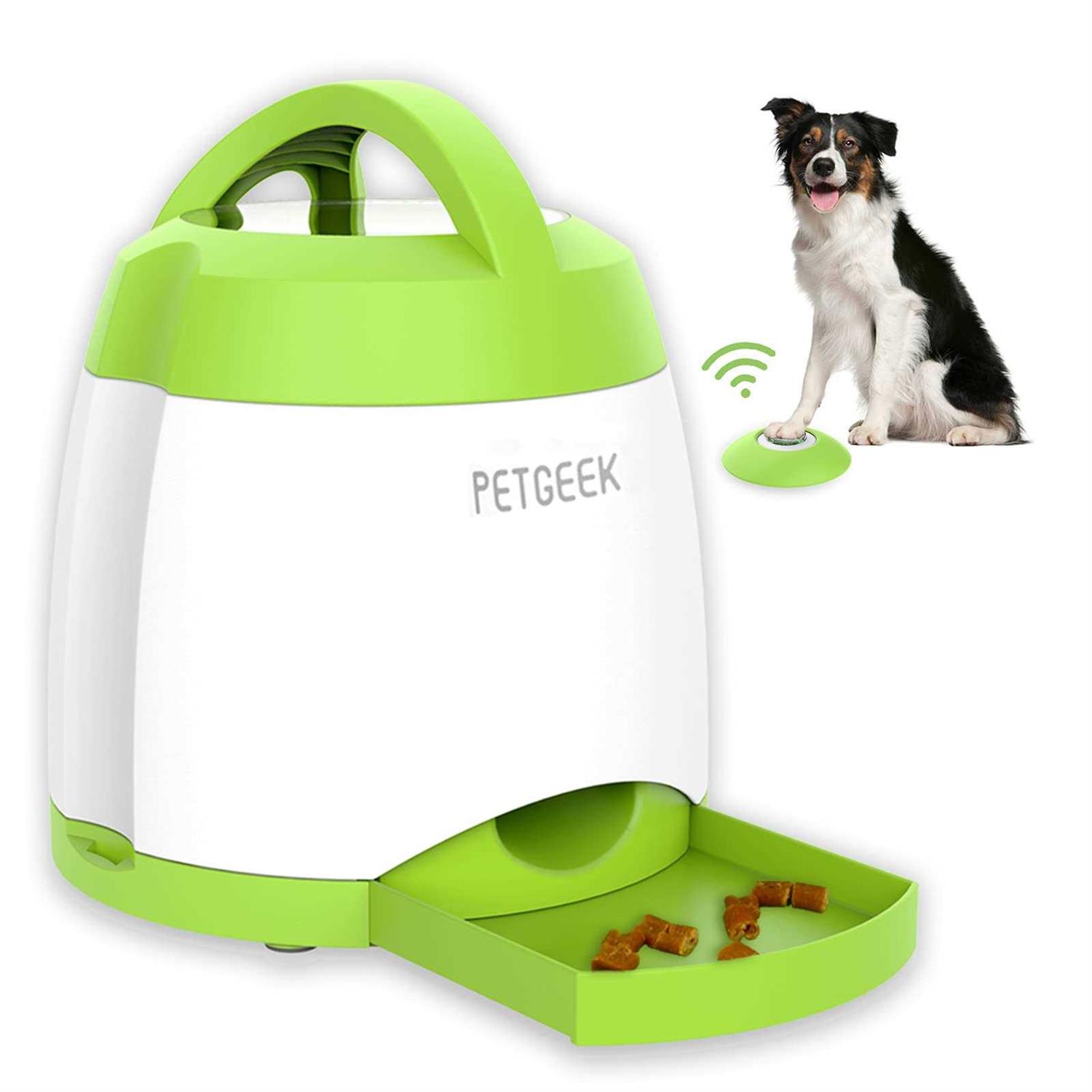 PETgEEK Treat Dispenser Dog Toys, Automatic Pet Feeder with Dual Power Supply and Remote control, Dog Puzzle Toys and Interactive Dog Toys in One