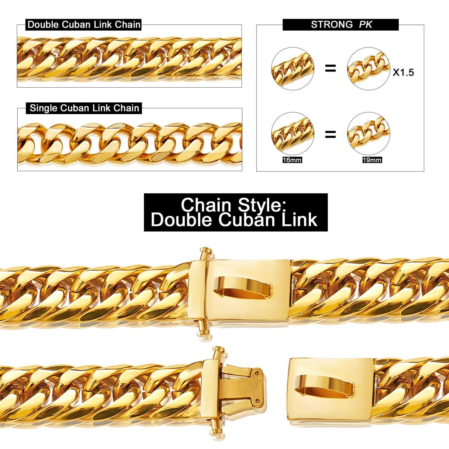 W/W Lifetime Gold Chain Dog Collar 16MM 18K Gold Cuban Link Dog Collar with Secure Snap Buckle