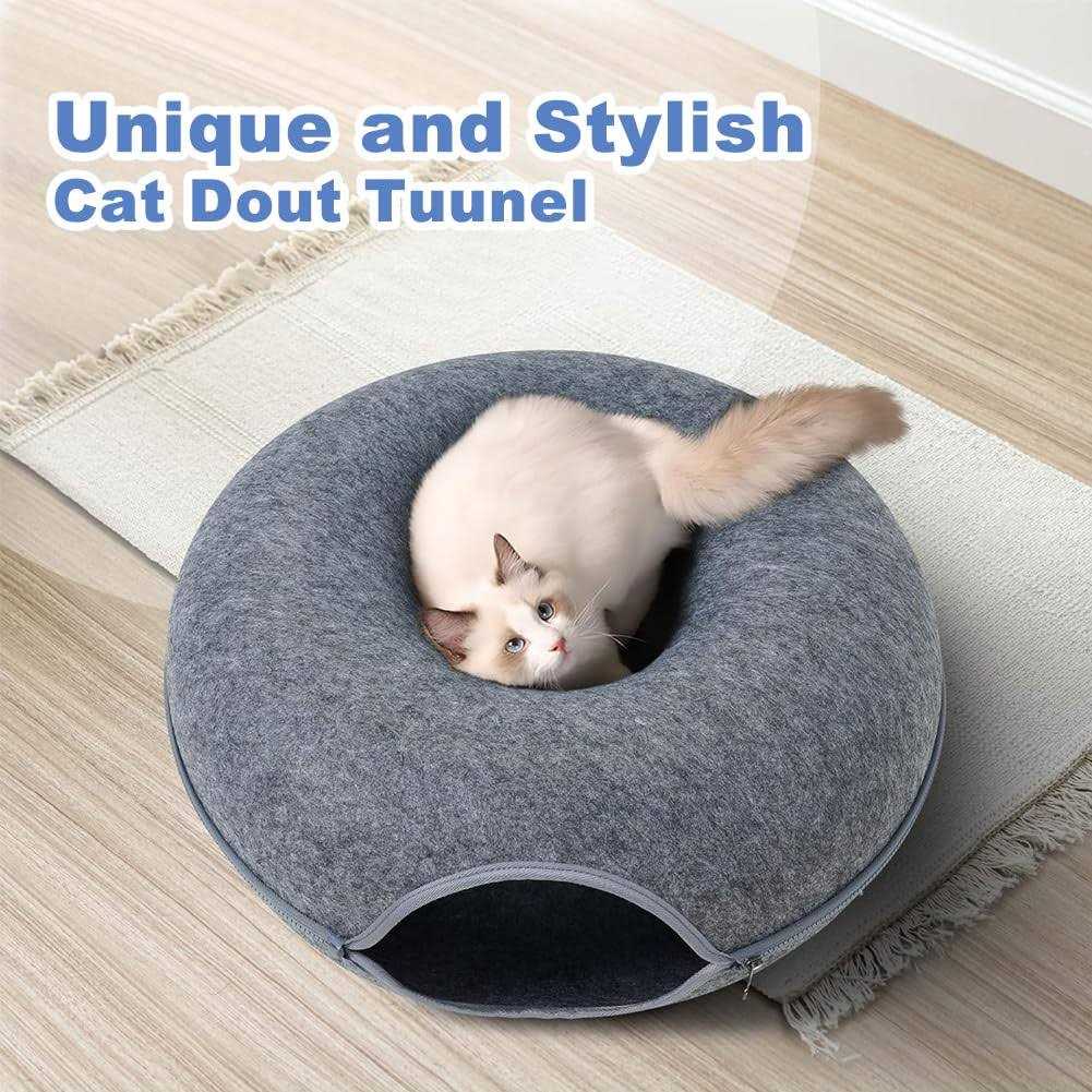 Cat Cave for Indoor Cats Large Cat Donut Cat Tunnel Bed Peekaboo Cat Cave with 3 Toys