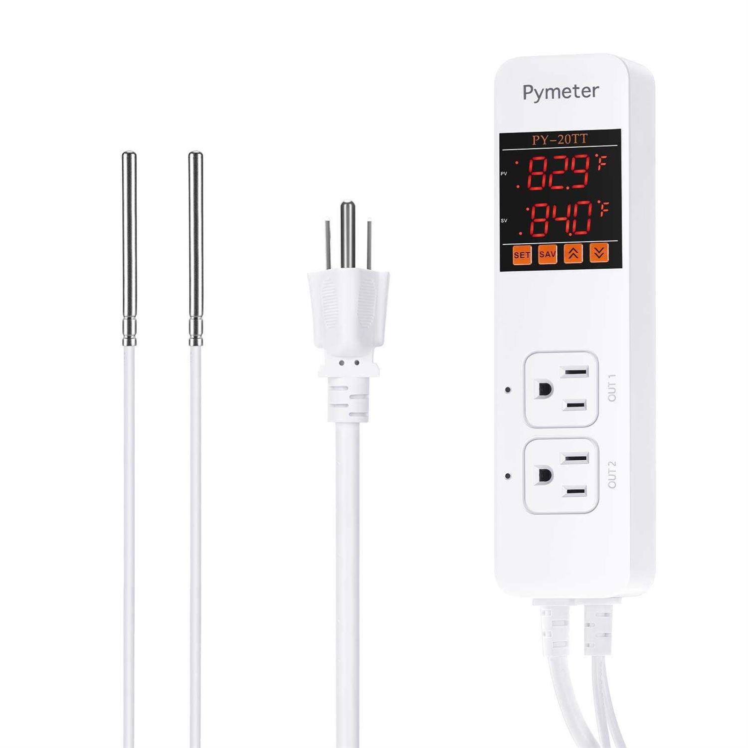 Pymeter Digital Temperature Controller Dual Probe Reptile Thermostat Controlled Outlet for Terrarium Heat Mat Heating Pad