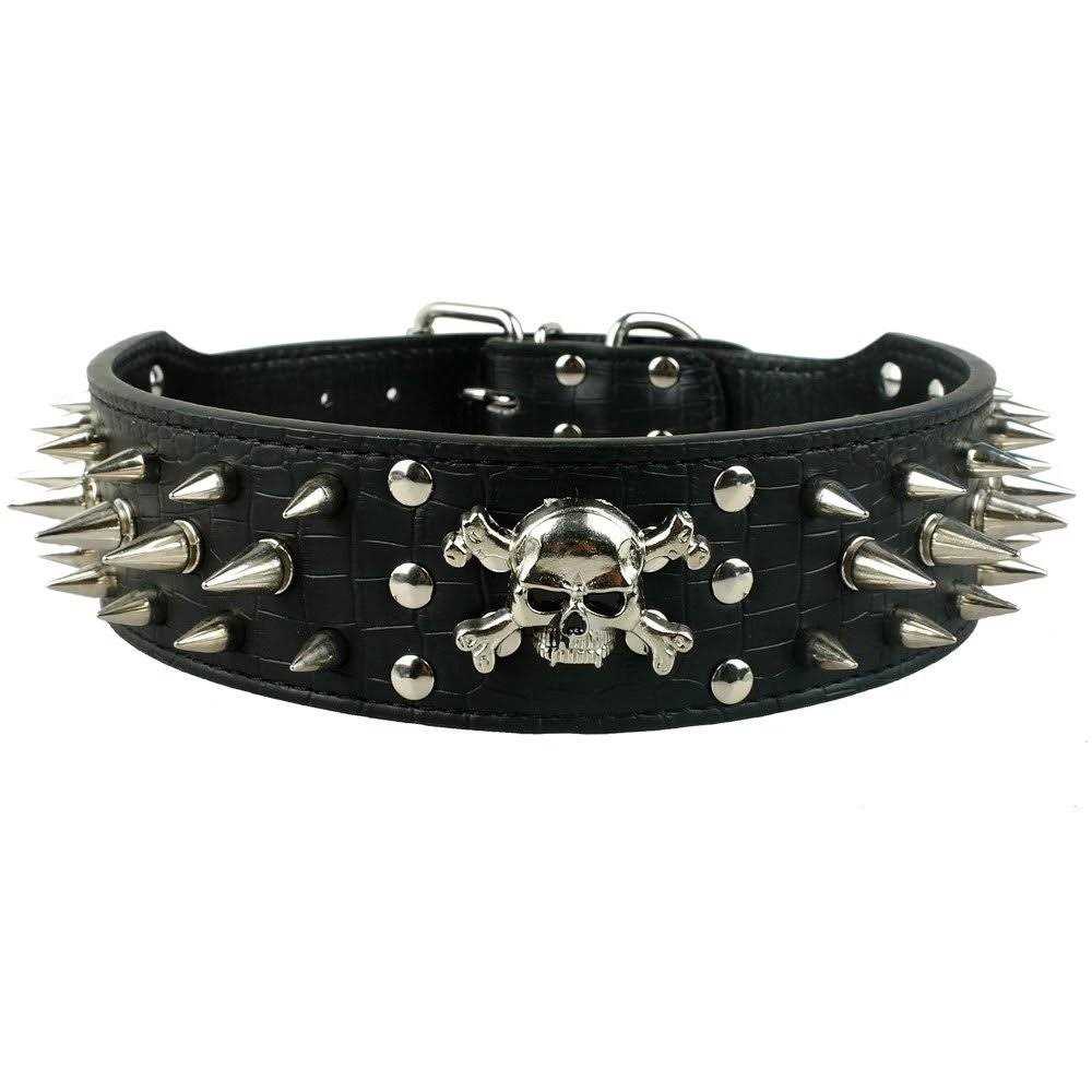 Berry Pet Black Leather Spikes Studded Medium & Large Dog Collar & Leash & Harness 3 Pcs Set for Pitbull Boxer
