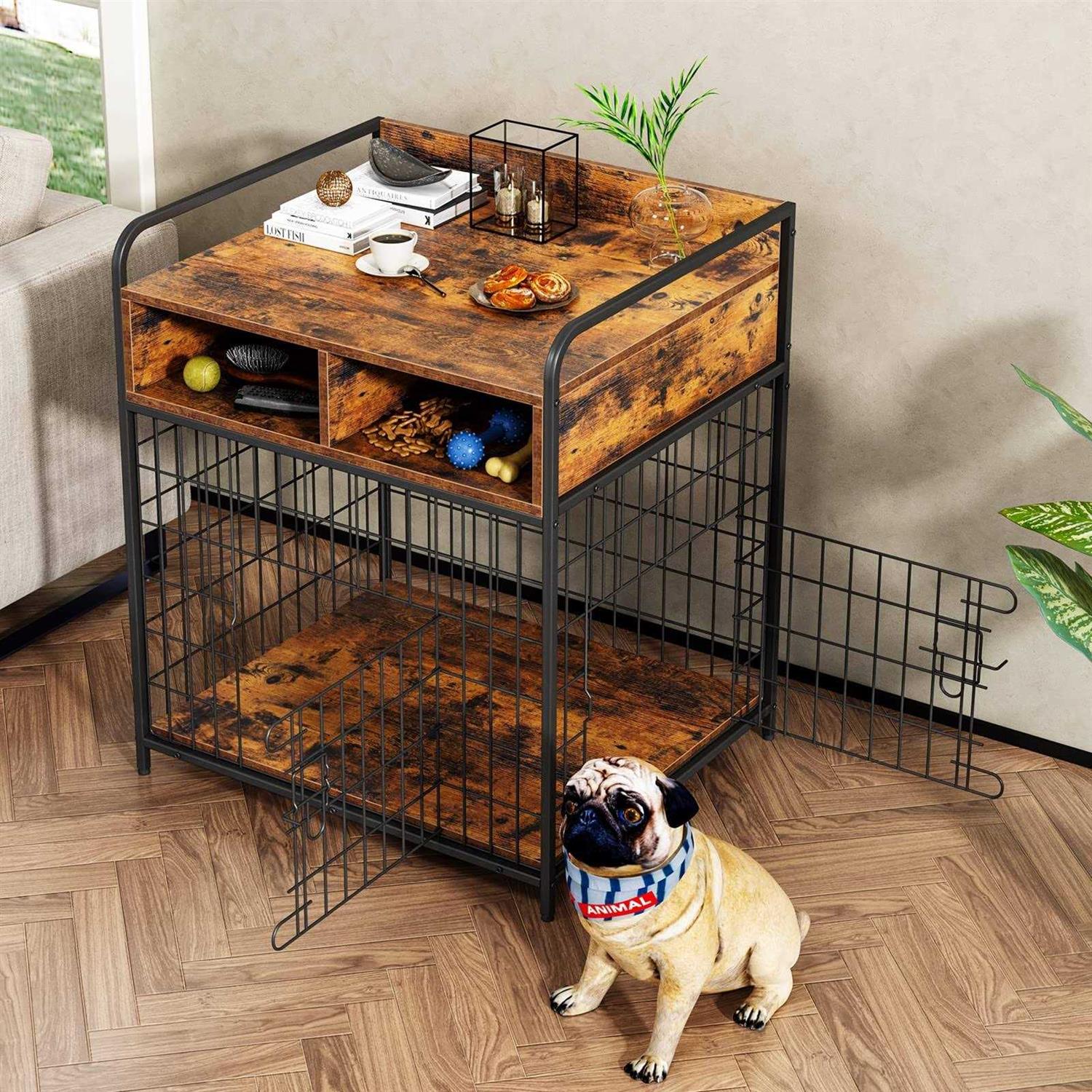 Saudism Dog Crate Furniture Dog Kennel Indoor Wood Dog Cage Table with Drawers Storage