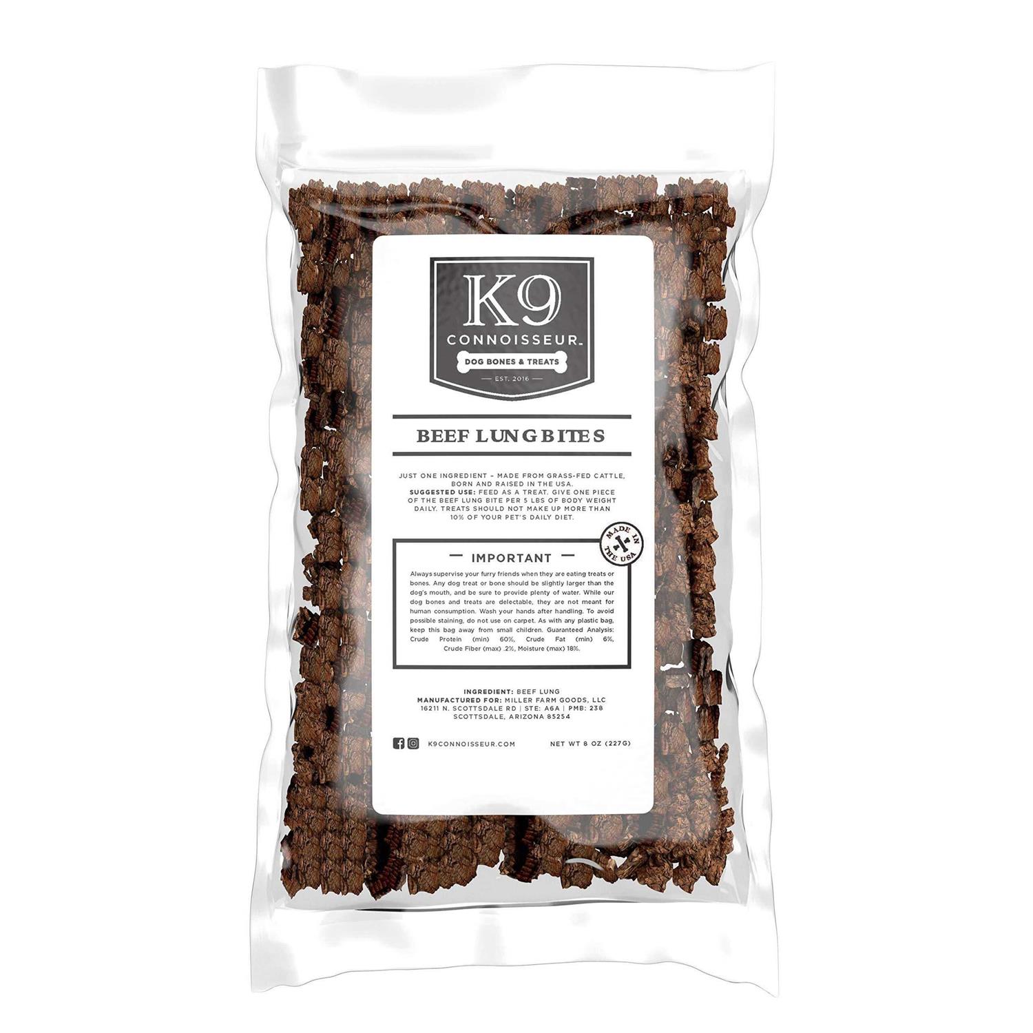 K9 Connoisseur Low to Odor Free Slow Roasted Beef Lung Bites for Dogs Made in USA Grain & Rawhide Free Natural Dog Treats