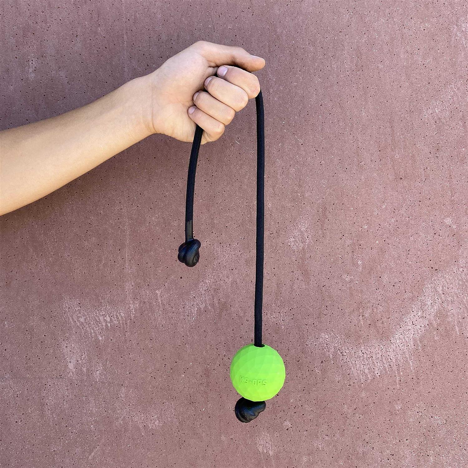 K9 Ops Dog Ball on a Rope moki Tug Toy Solid Rubber Fetch Training Reward