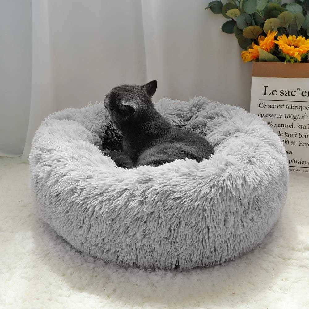 Otoez Round Plush Donut Pet Bed Warm Fur Cuddler Dog Cat Cushion Bed Calming Bed Non-Slip Bottom