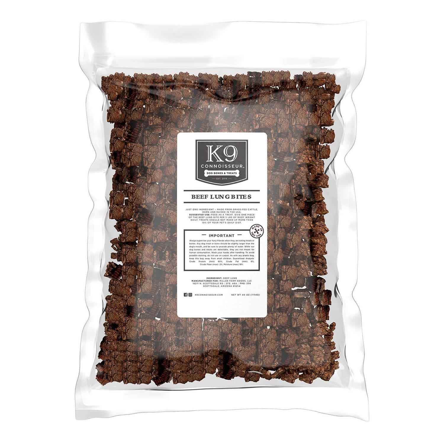 K9 Connoisseur Low to Odor Free Slow Roasted Beef Lung Bites for Dogs Made in USA Grain & Rawhide Free Natural Dog Treats