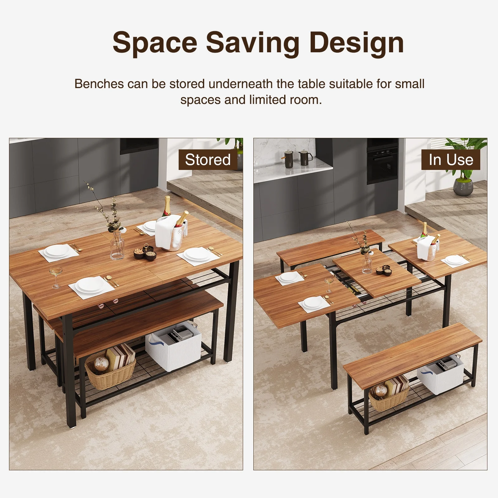 FiveWillowise 3-Piece Dining Table Set for 4-8, Kitchen Table Set with Metal Frame & Wooden Board .63