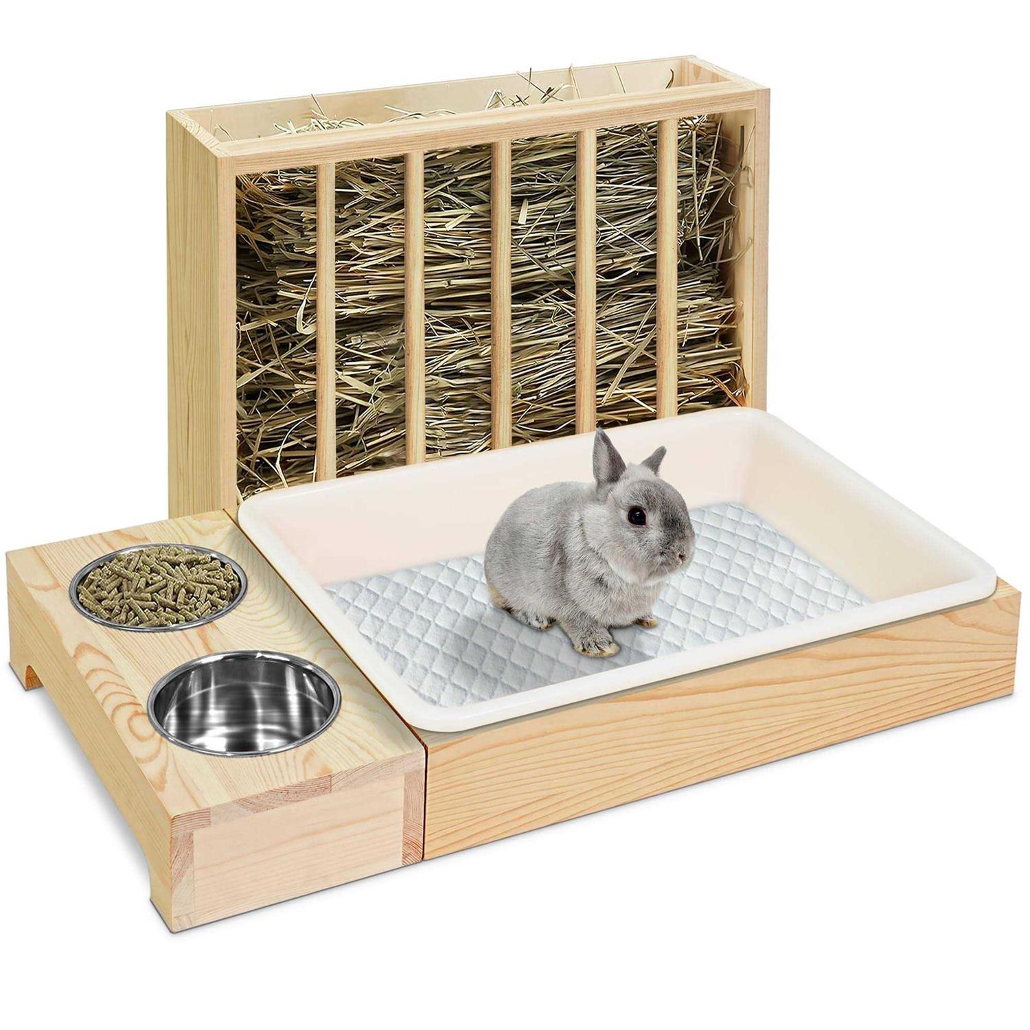3 in 1 Rabbit Hay Feeder with Litter Box Wooden Bunny Hay Feeder Guinea Pig Hay Holder with Toilet Small Animal Hay Holder Rack Manger