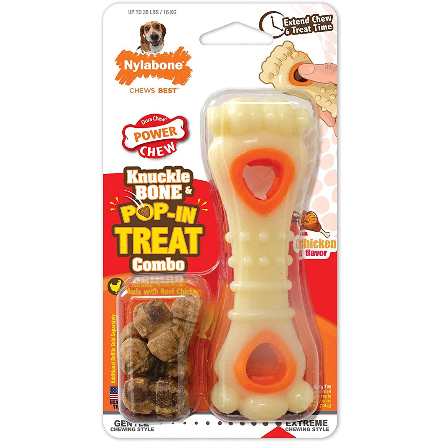 Nylabone Power Chew Knuckle Bone & Pop-In Treat Combo Chicken Toy