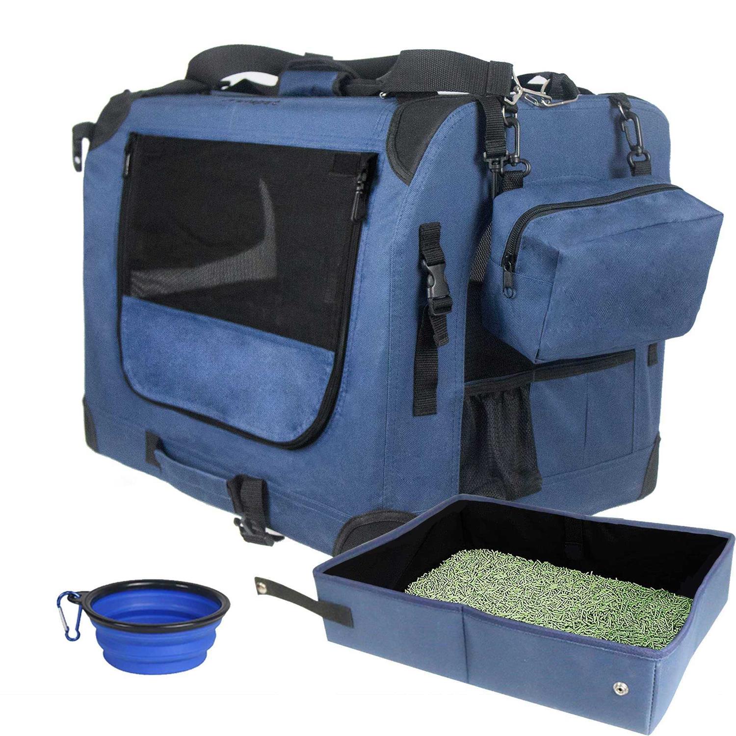 Prutapet Large Cat Carrier Soft-Sided Portable Pet Crate for Car Traveling with Collapsible Litter Box and Bowl