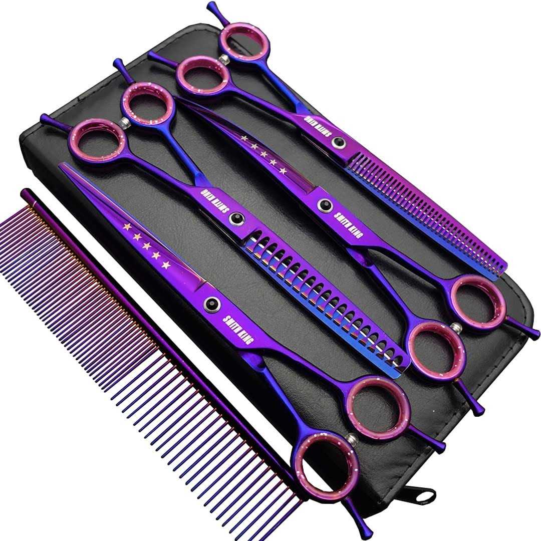 Smithking 7.0 inches Professional Dog Grooming Scissors Set Straight & thinning & Curved & chunkers 4pcs in 1 Set