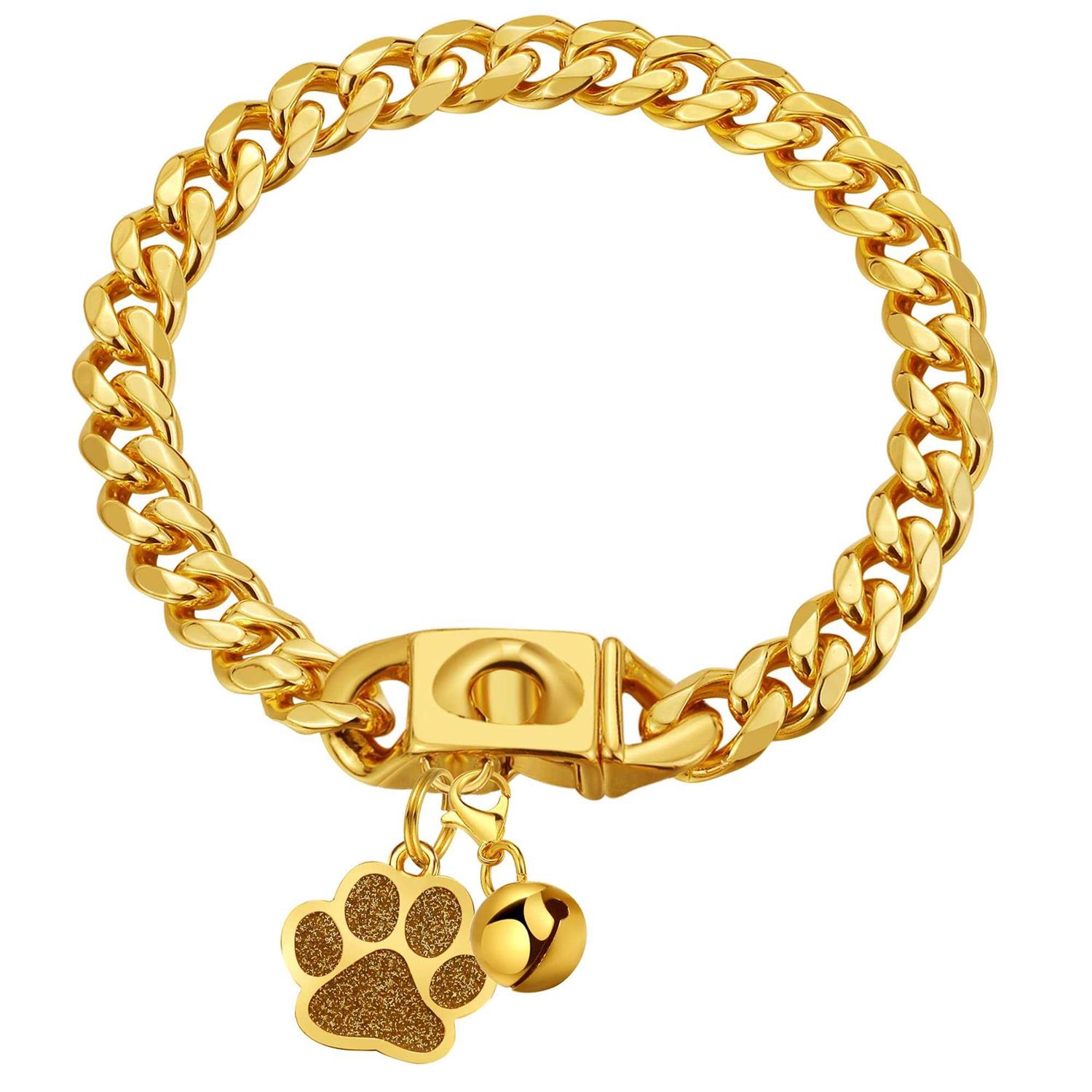 LuxLife Dog Chain Collars Gold Chain Dog Collar Cuban Link Dog Collar Snap Buckle 18K Stainless Steel Metal Dog