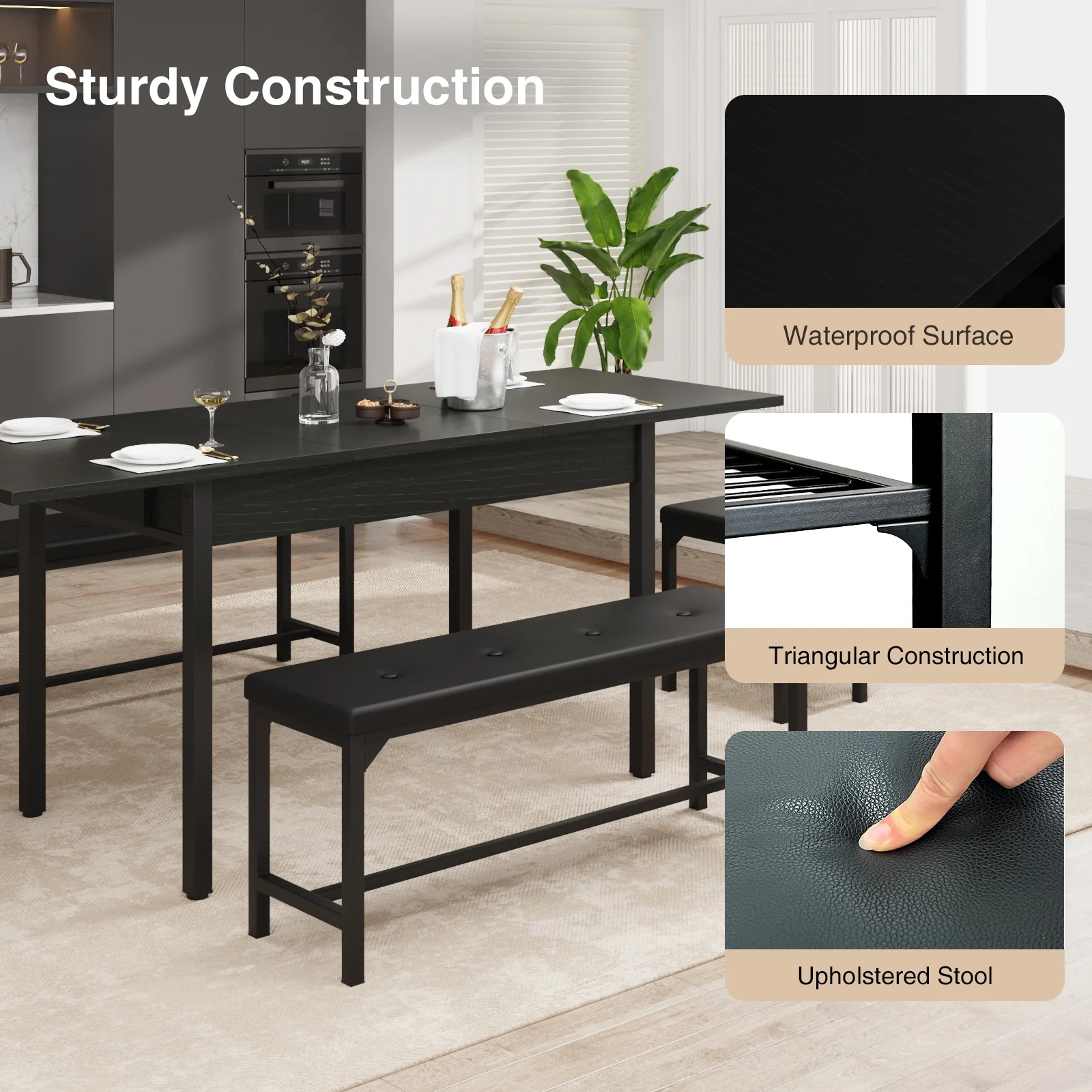 FiveWillowise 3-Piece Dining Table Set for 4-8, Kitchen Table Set with Metal Frame & Wooden Board .63