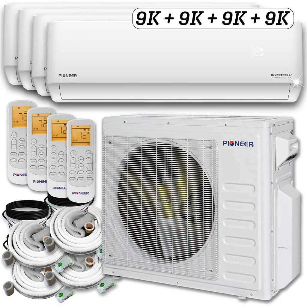 Pioneer® Mini Split 36,000 BTU 4 Zone Ductless Air Conditioner and Heat Pump with 25 ft. Kits, WYT040GLHI22M4-9W-9W-9W-9W-25