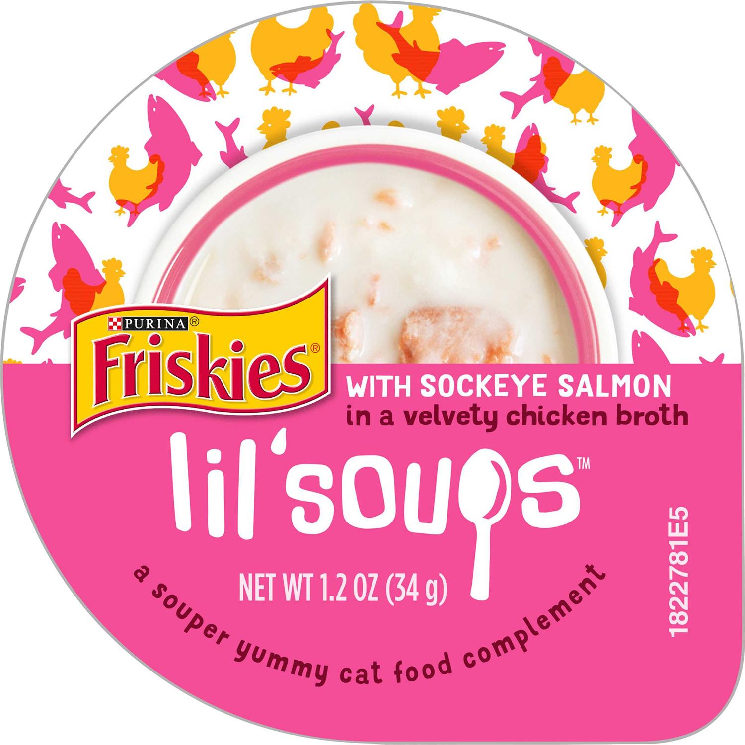 Friskies Lil’ Soups with Sockeye Salmon in a Velvety Chicken Broth Lickable Cat Food Topper, 1.2-oz cup, case of 8