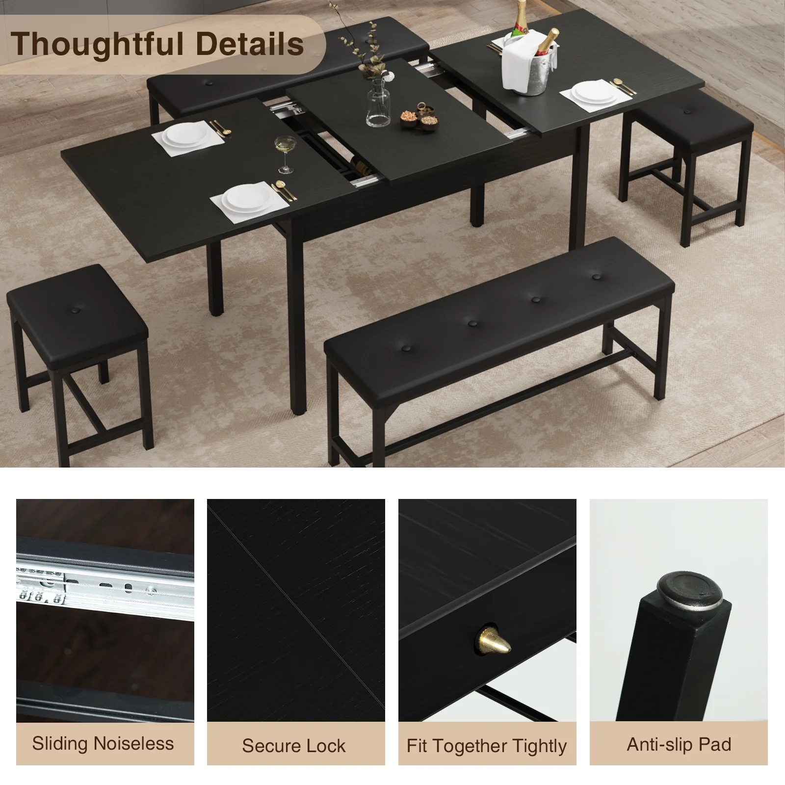 FiveWillowise 3-Piece Dining Table Set for 4-8, Kitchen Table Set with Metal Frame & Wooden Board .63