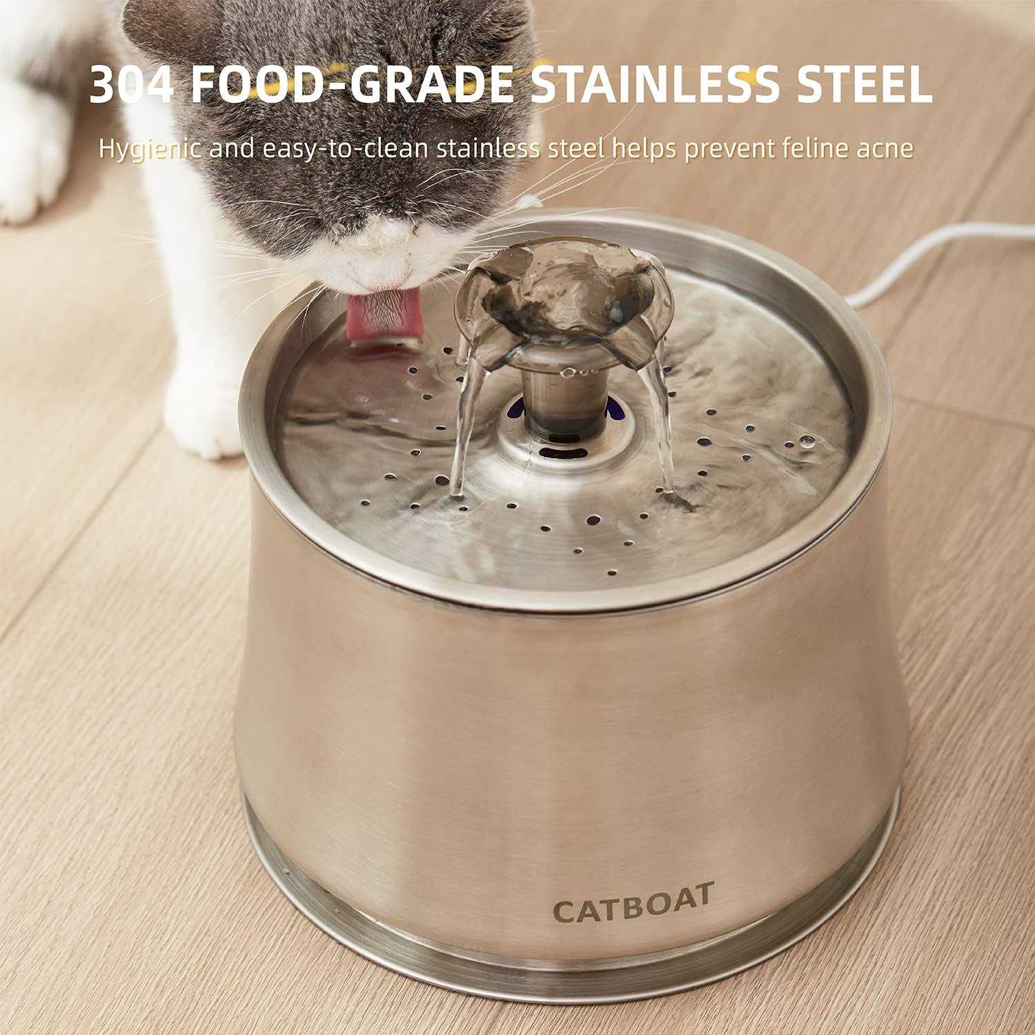 CATBOAT Cat Water Fountain Stainless Steel 84oz/2.5L for Pets Inside