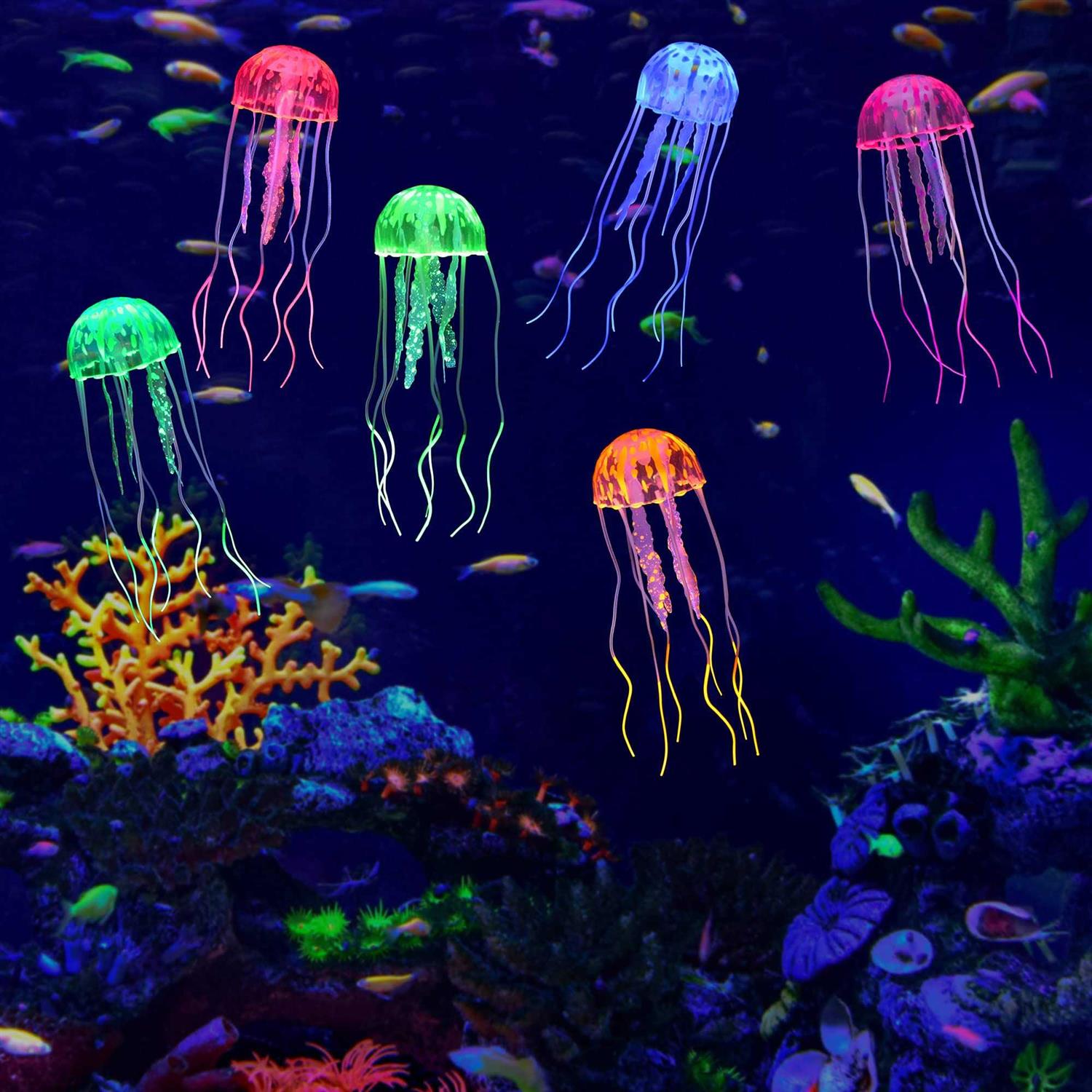 Lpraer 6 Pack Glow Jellyfish Floating Fish Tank Decorations Glowing Effect Silicone Simulation Jellyfish Ornament Aquarium Decorations