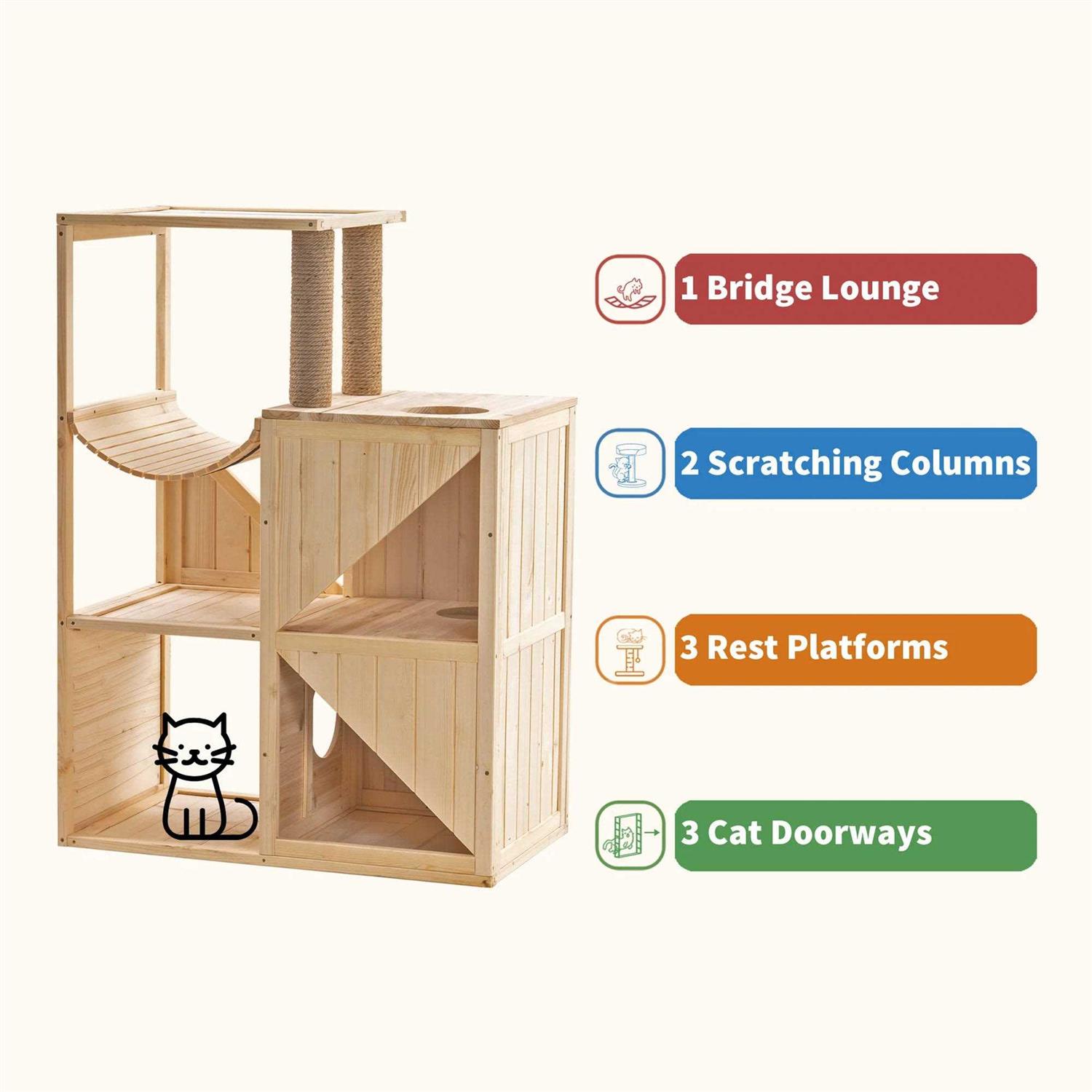 MCombo 43.5 inch Tall Solid Wood Cat House w/ Scratching Columns 0505