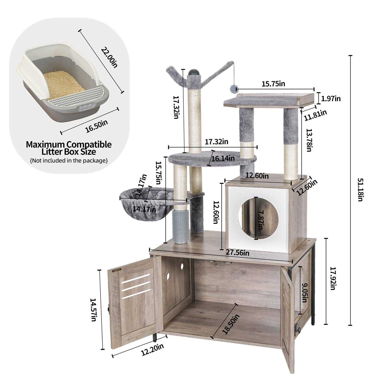 Snughome Cat Litter Box Enclosure with Cat Tree Wooden Hidden Cat Washroom Furniture with Condo