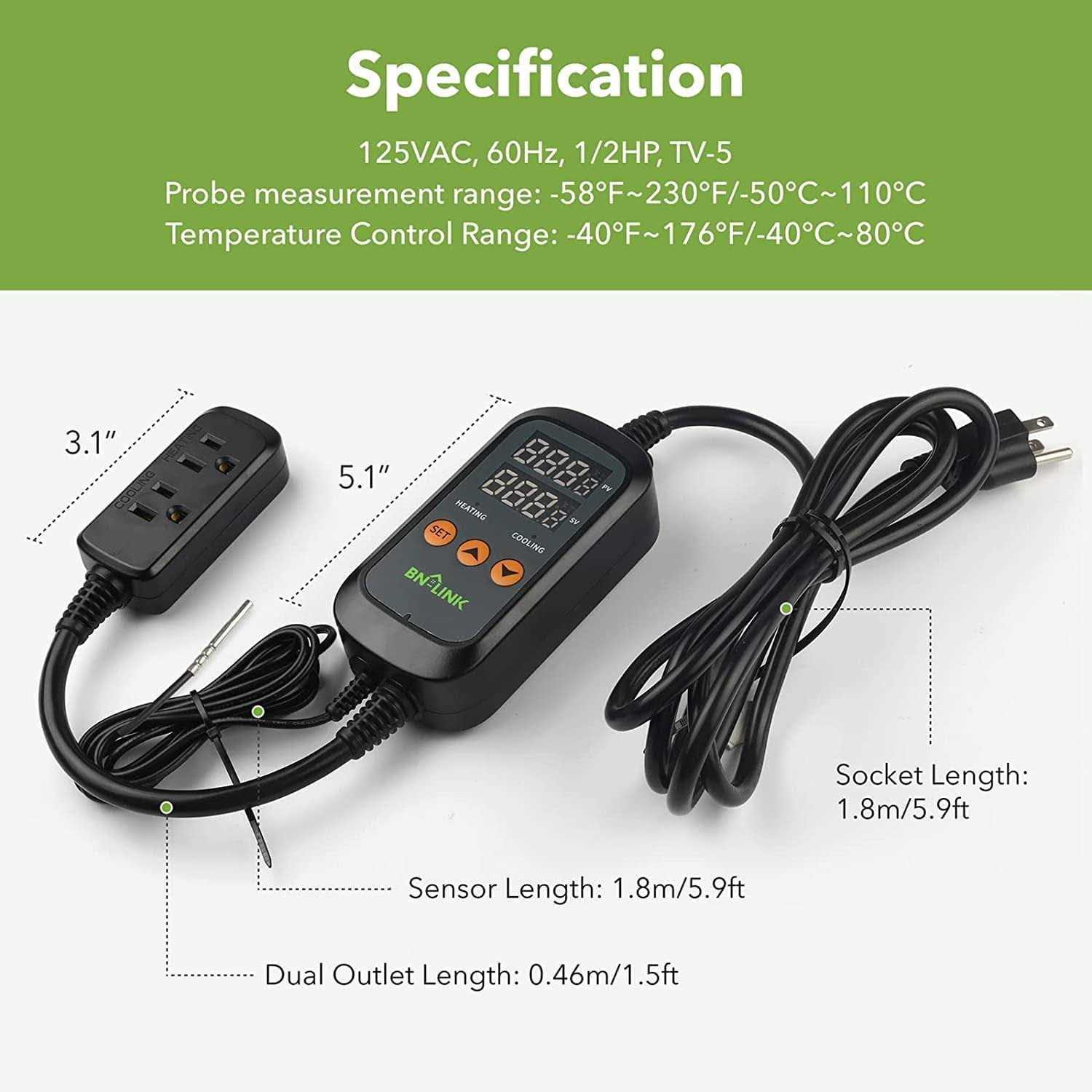 BN-LINK Digital Temperature Controller Heating Cooling 2-Stage Outlet Thermostat Controller Plug for Reptiles Aquarium Carboy Homebrew Breeding
