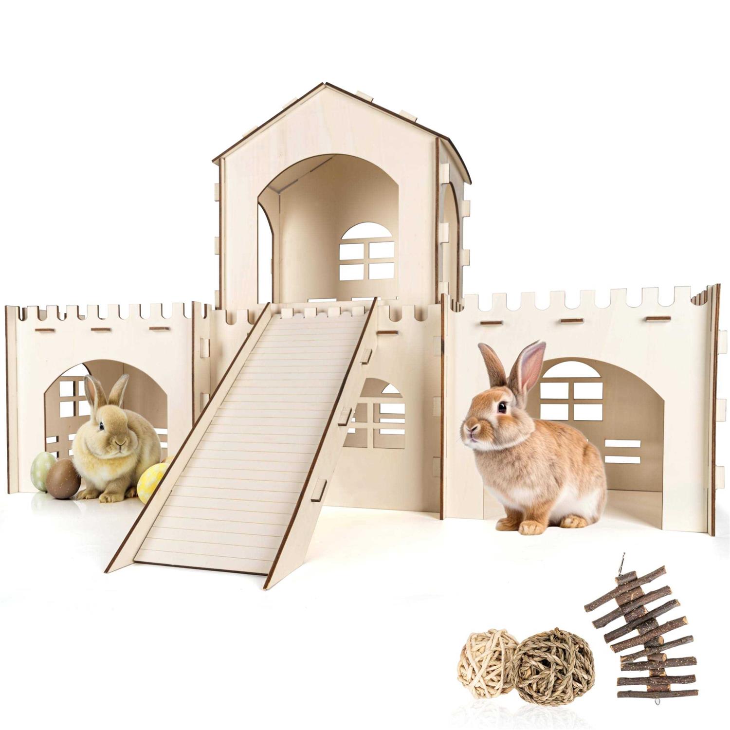 Cour Pets Large Rabbit Castle & Chew Toys Set of Wooden Rabbit Hideout with 3 Chew Toys & Staircase