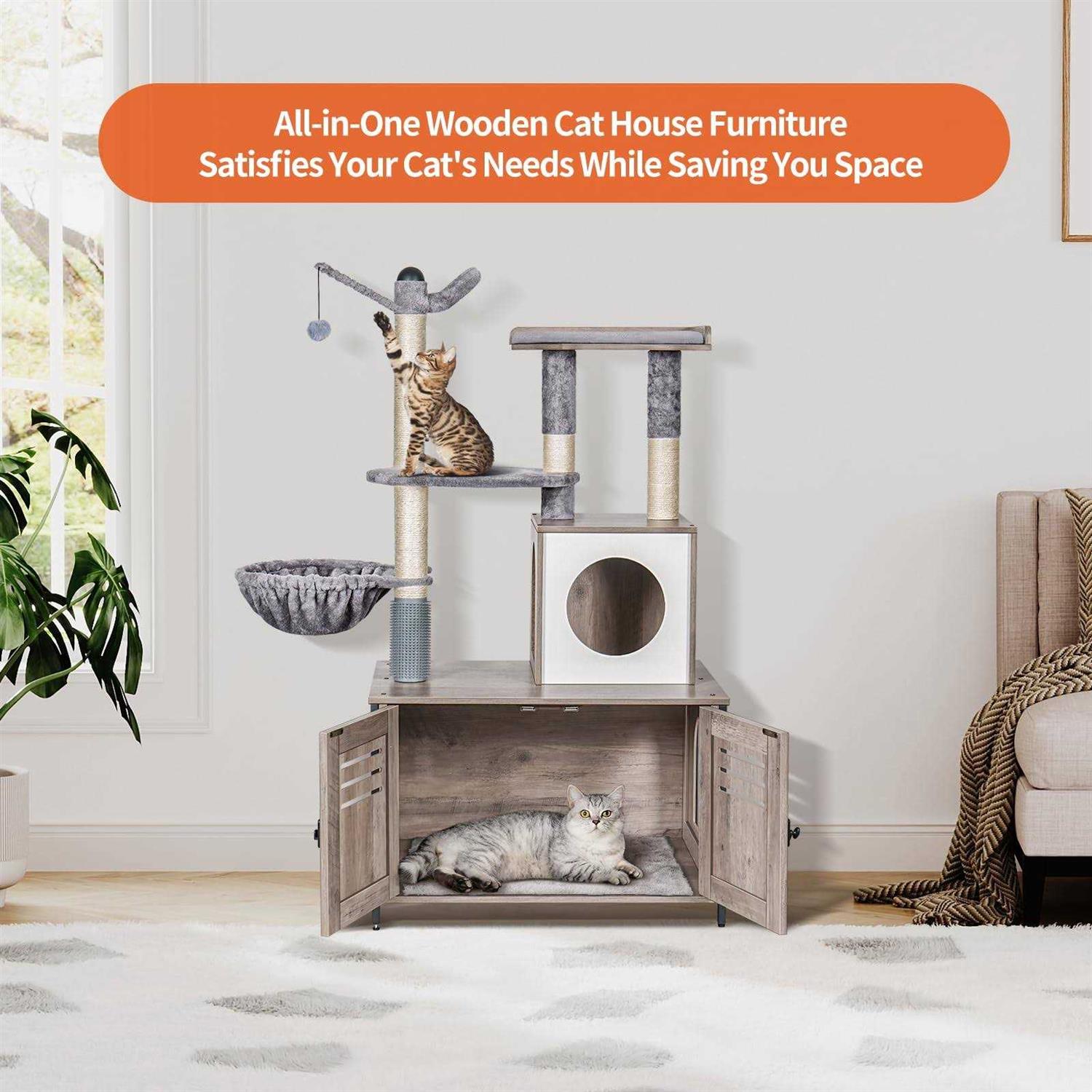 Snughome Cat Litter Box Enclosure with Cat Tree Wooden Hidden Cat Washroom Furniture with Condo